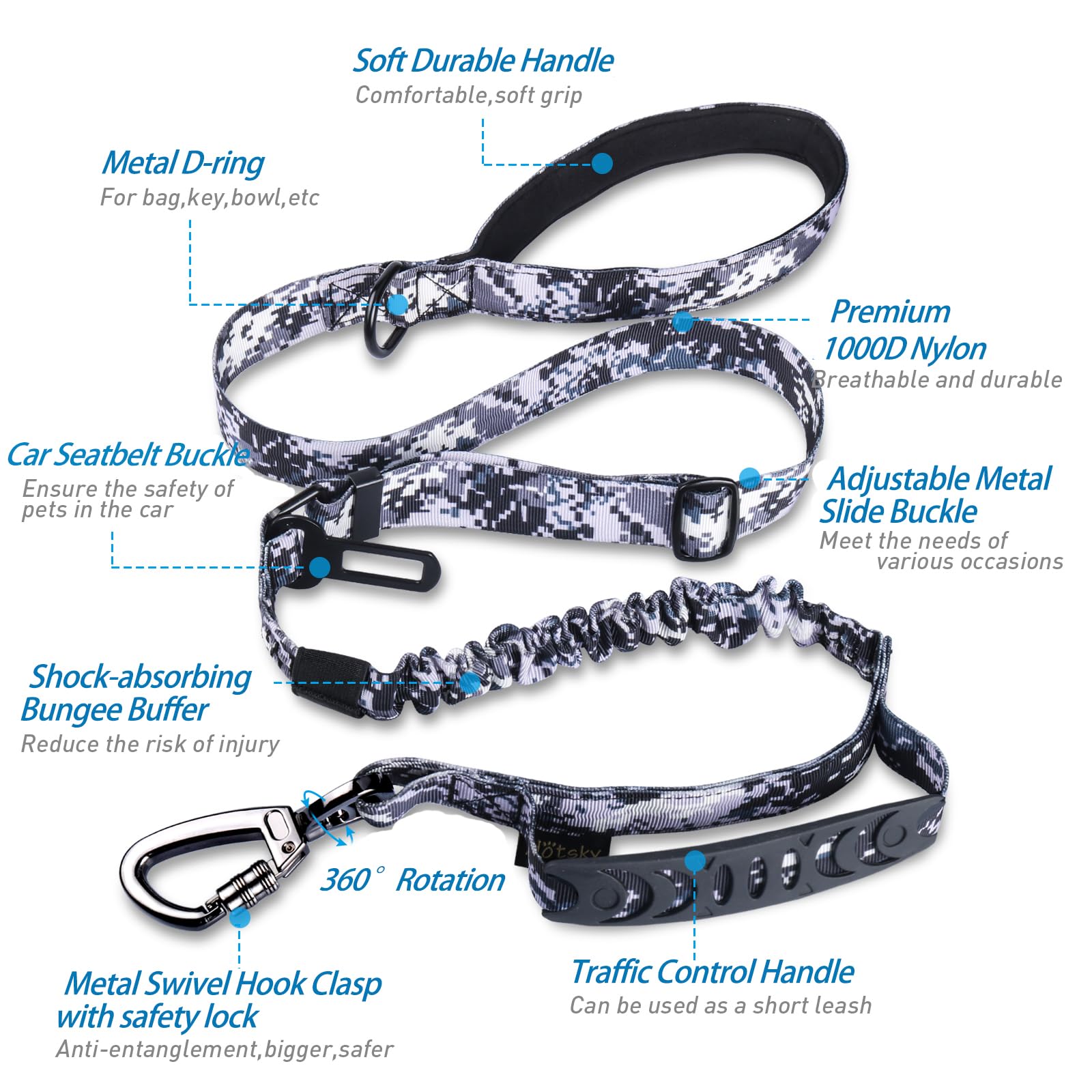 Hotsky Tactical Dog Leash Heavy Duty,4-6Ft Strong Bungee Shock Absorbing Lead With Padded Double Handle,Car Seatbelt,Metal Carab