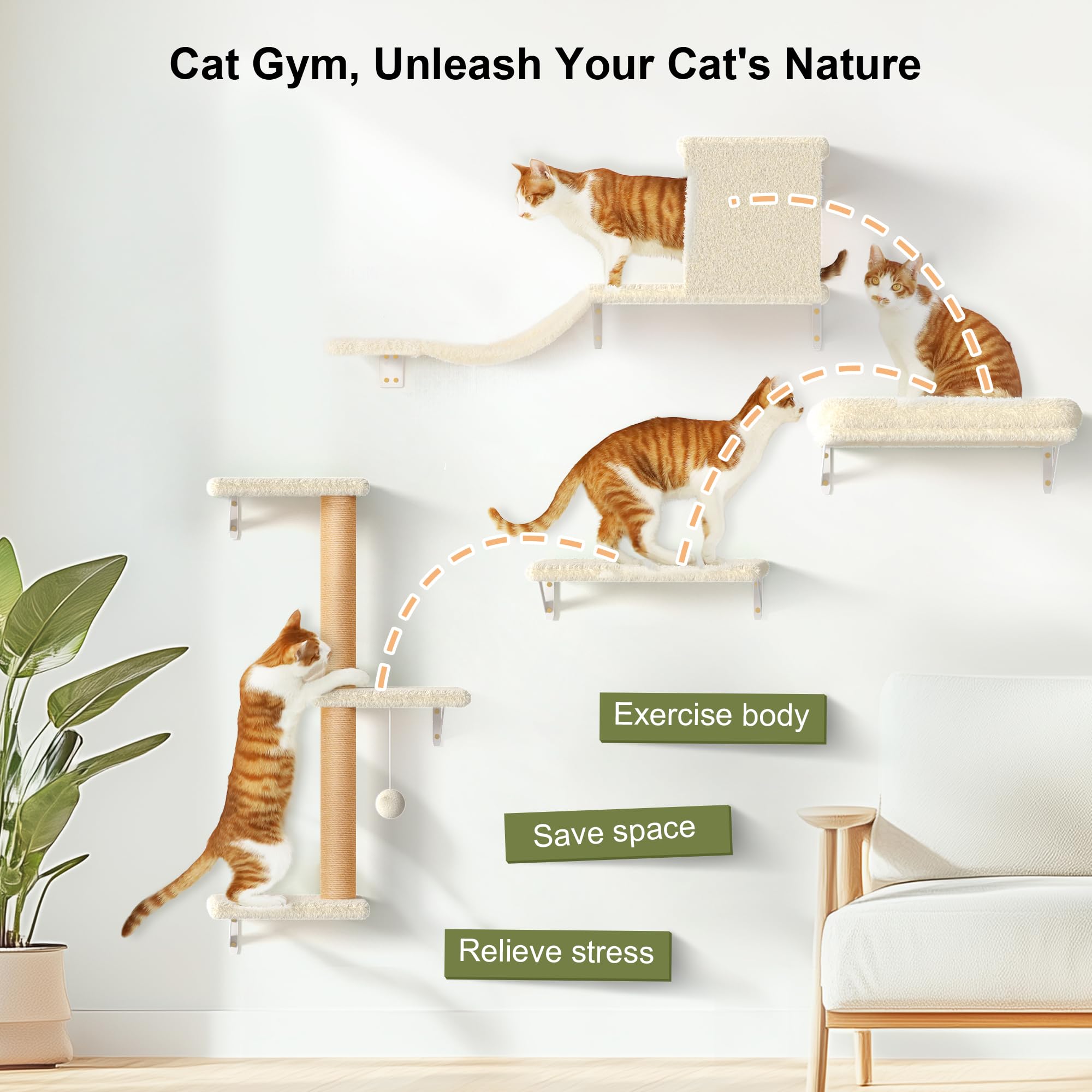 Fukumaru Cat Wall Shelves, Stable & Safe 4 In 1 Large Cat Walls Furniture Set, Wooden Kitten Climbing Wall With Scratching Post