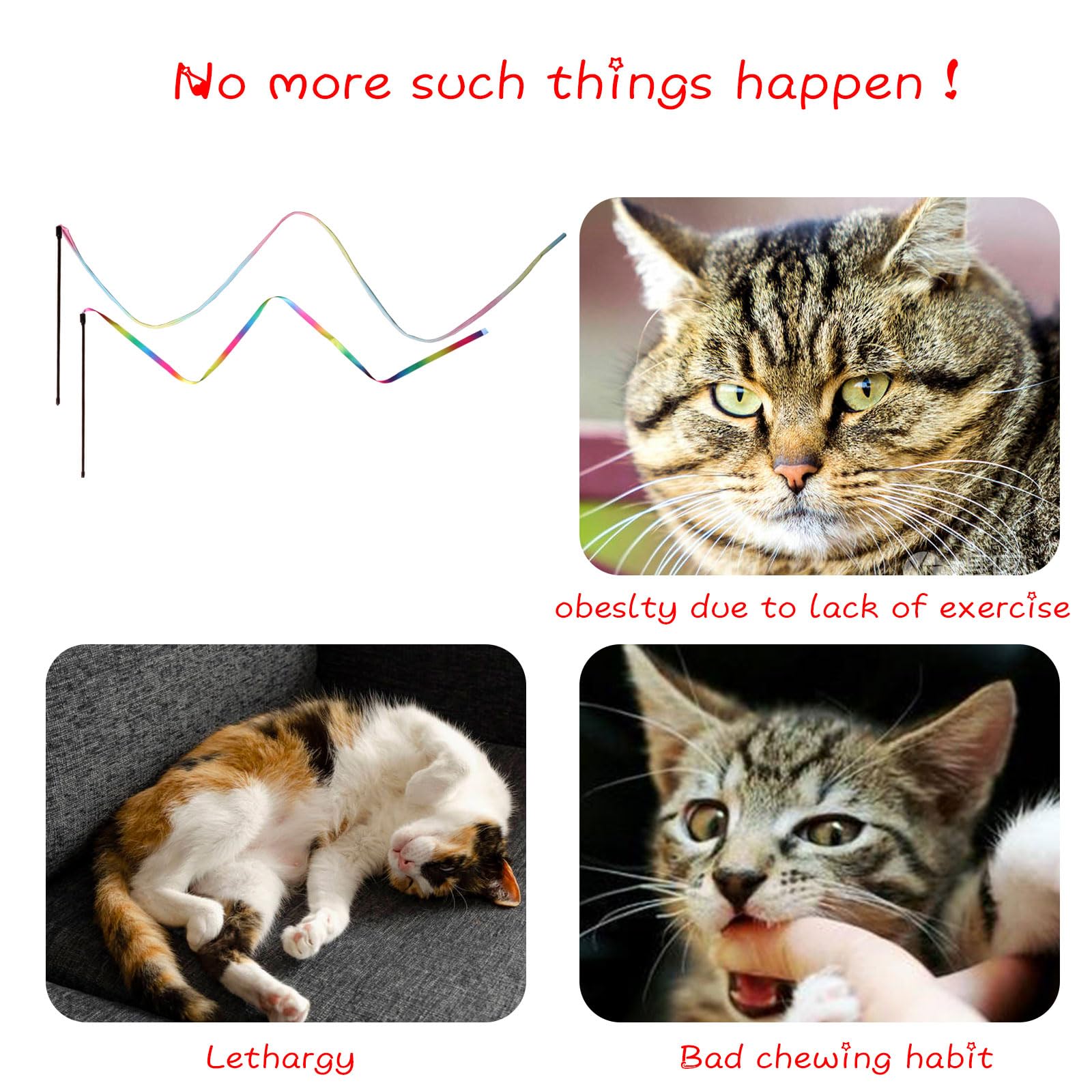 M JJYPET Cat Wand Toys - 2Pcs Interactive Rainbow Teaser Wand for Indoor Cats, Exercise Kitten Stick, Colorful Charmer Rope Toy