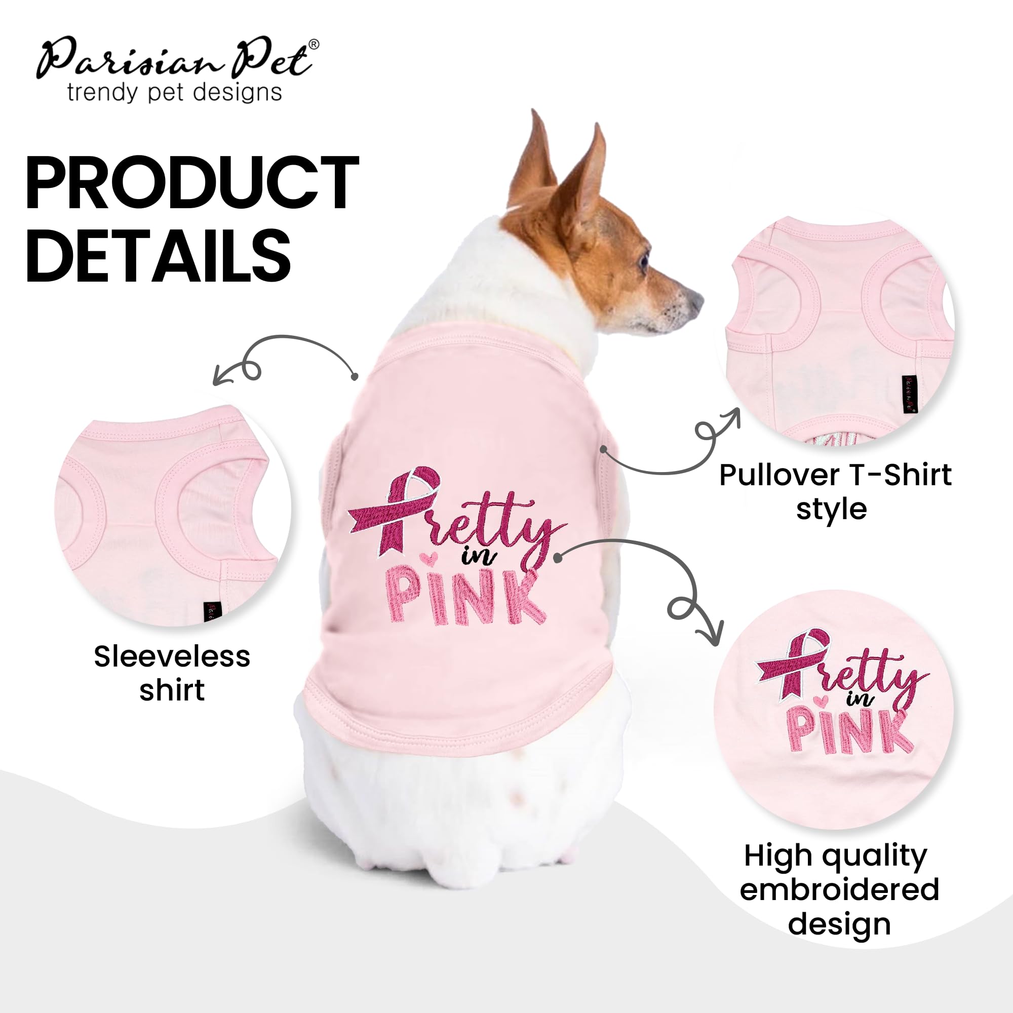 Parisian Pet Dog Tshirt - Embroidered “ Pretty In Pink “ Girl Dog Shirt - Breathable And Lightweight Dog Clothes - Sleeveless Dog Tee Shirts - Machine Washable Dog Shirt For Large Dogs - Xl