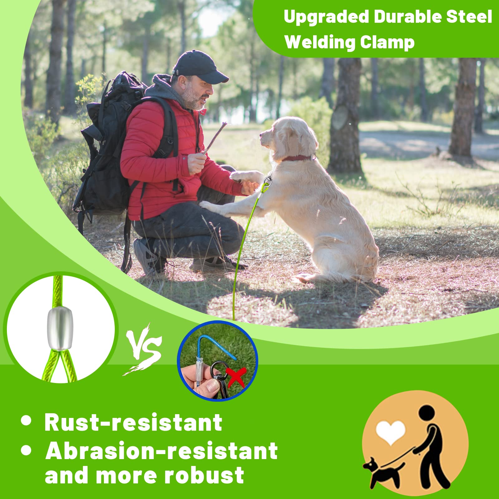 HaiYUAN Dog Tie Out Cable, 15FT Steel Wire Runner for Large Dogs Up to 165 lbs, Durable Clips, Green