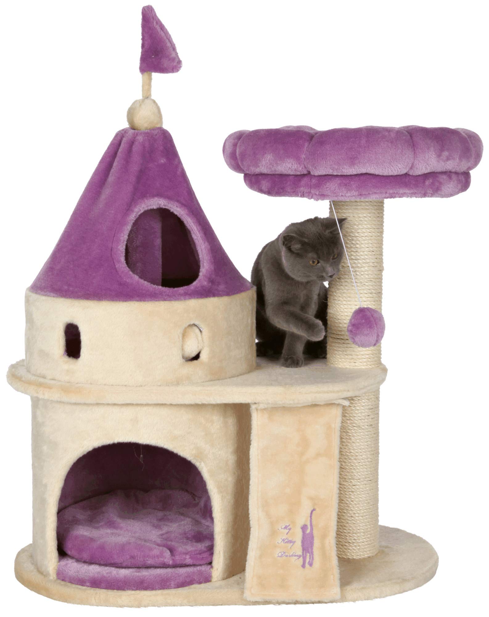 Trixie My Kitty Darling Castle Condo, Scratching Post, Cat Tree, Pom Pom, Crinkle Toy | Beige 27.5 X 14.75 X 35.25 In.
