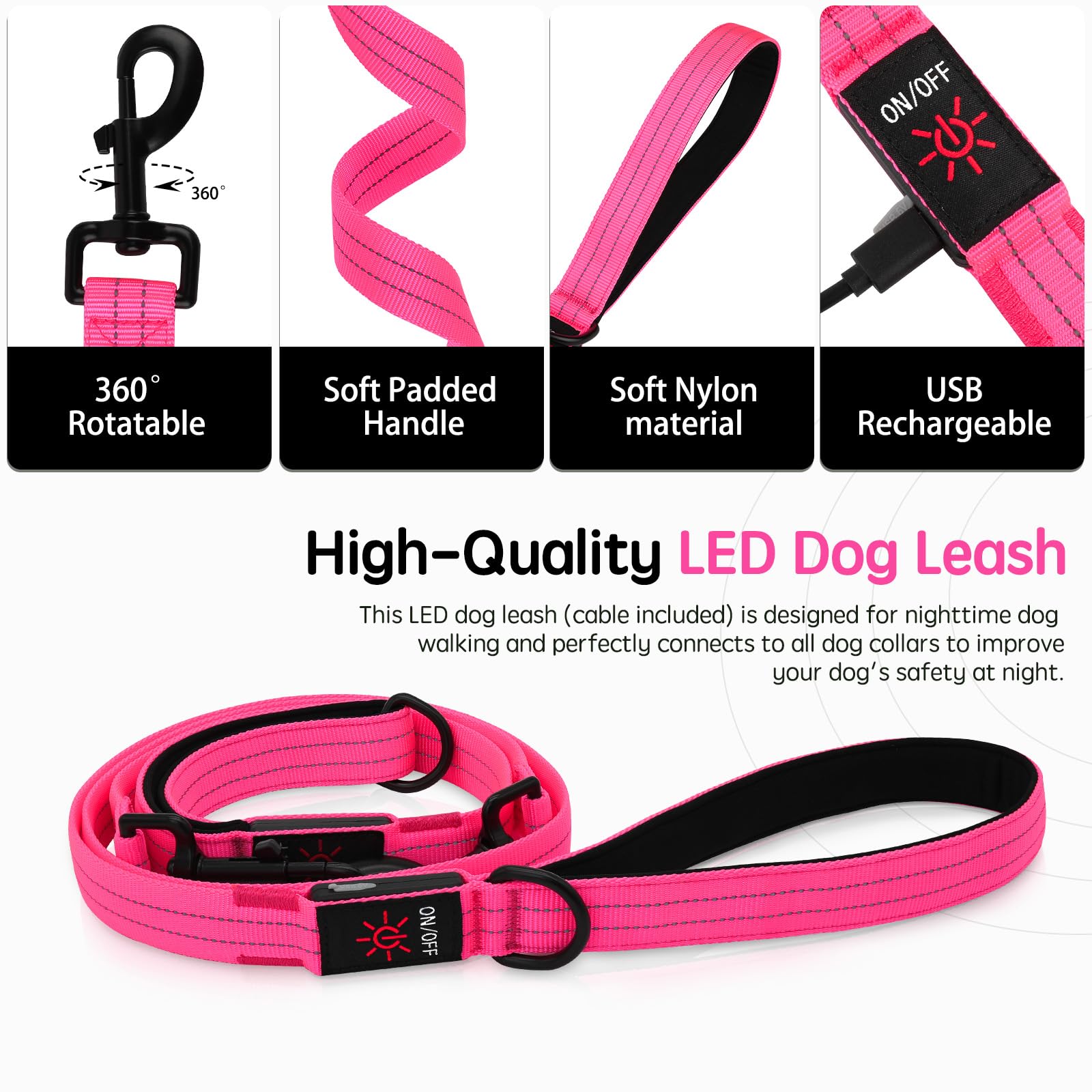 Itk Light Up Dog Leash, Led Leashes Rechargeable, Nylon Reflective Lead With Padded Handle For Night Walking, Safety Glow Lights