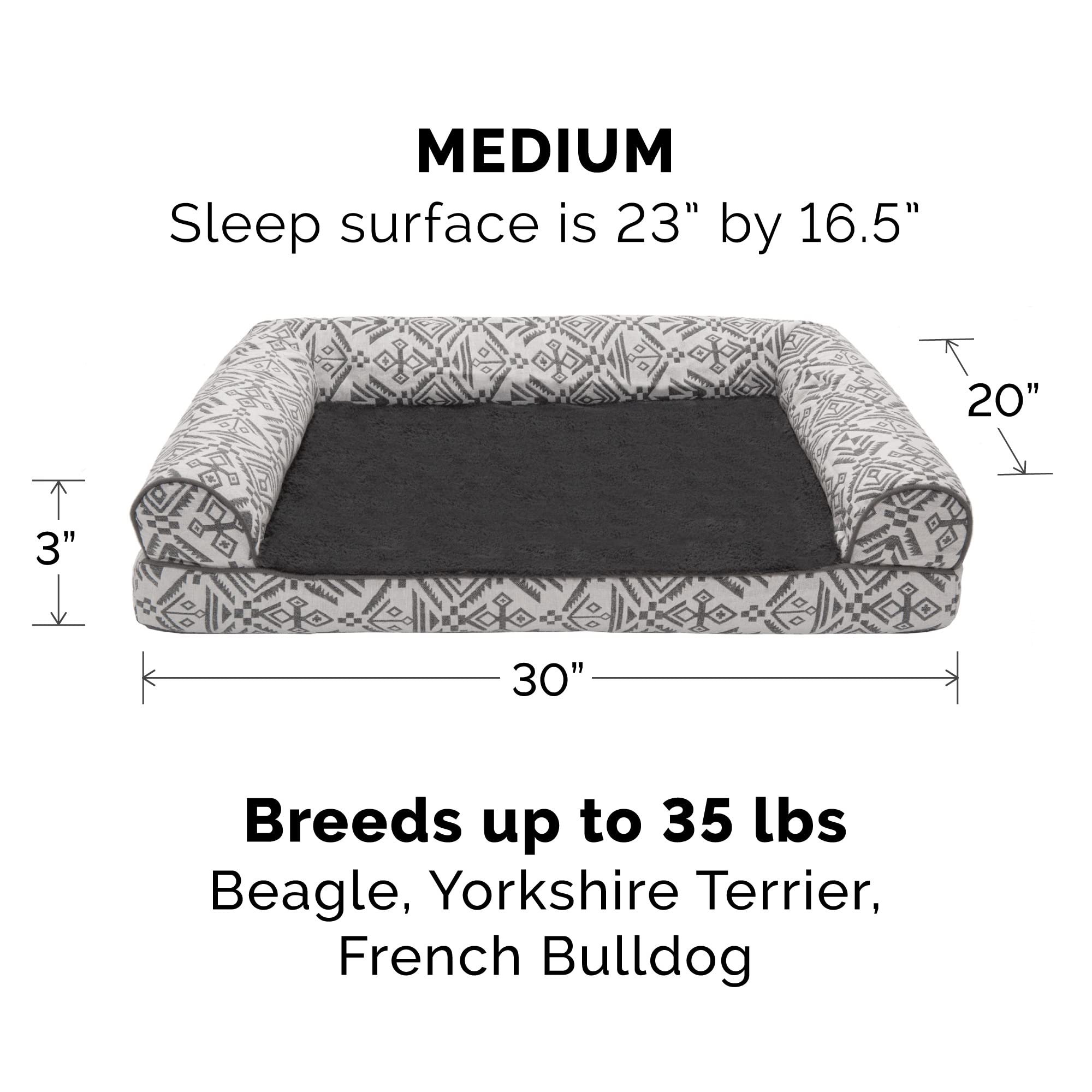 Furhaven Orthopedic Dog Bed For Medium/Small Dogs W/ Removable Bolsters & Washable Cover, For Dogs Up To 35 Lbs - Plush & Southwest Kilim Woven Decor Sofa - Boulder Gray, Medium