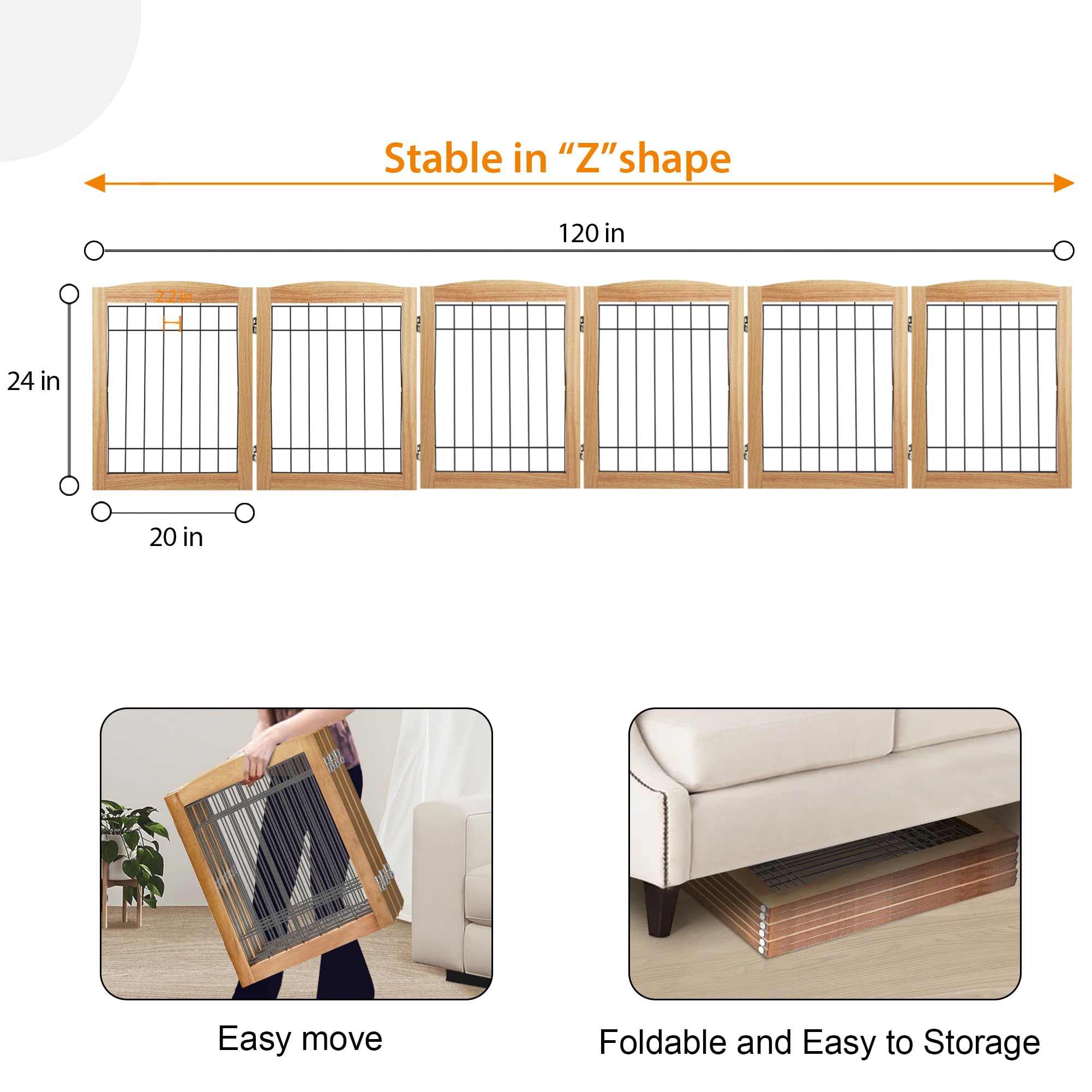 LZRS 6-Panel Extra-Wide Wooden Freestanding Dog Gate: Foldable Solid Wood and Steel Wire Chew Resistant Safety Barrier for Doorw