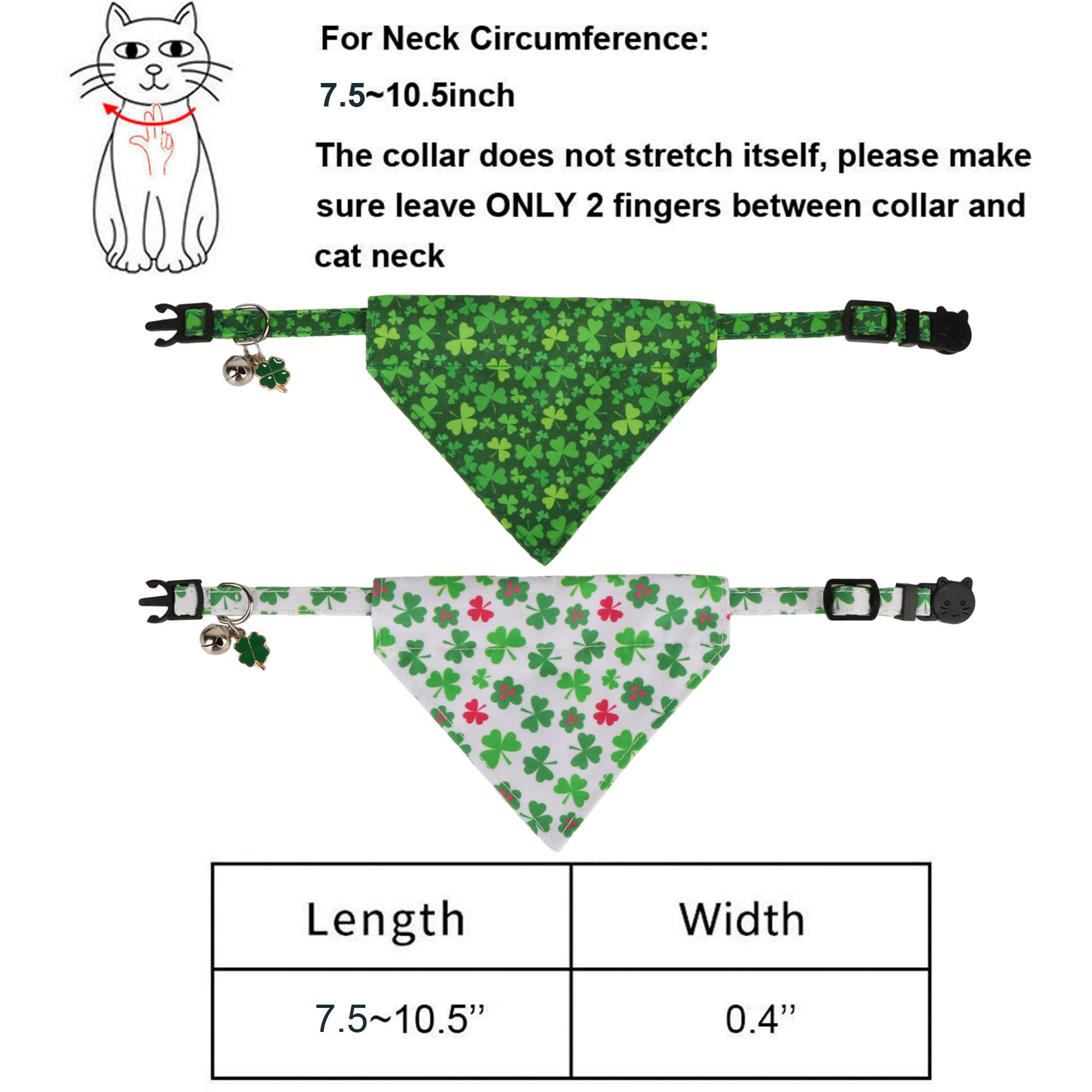 Adoggygo St. Patrick'S Day Cat Collars With Bandana Bell, 2 Pack Adjustable Cat Bandana Collar With Removable Scarf, Green Shamr