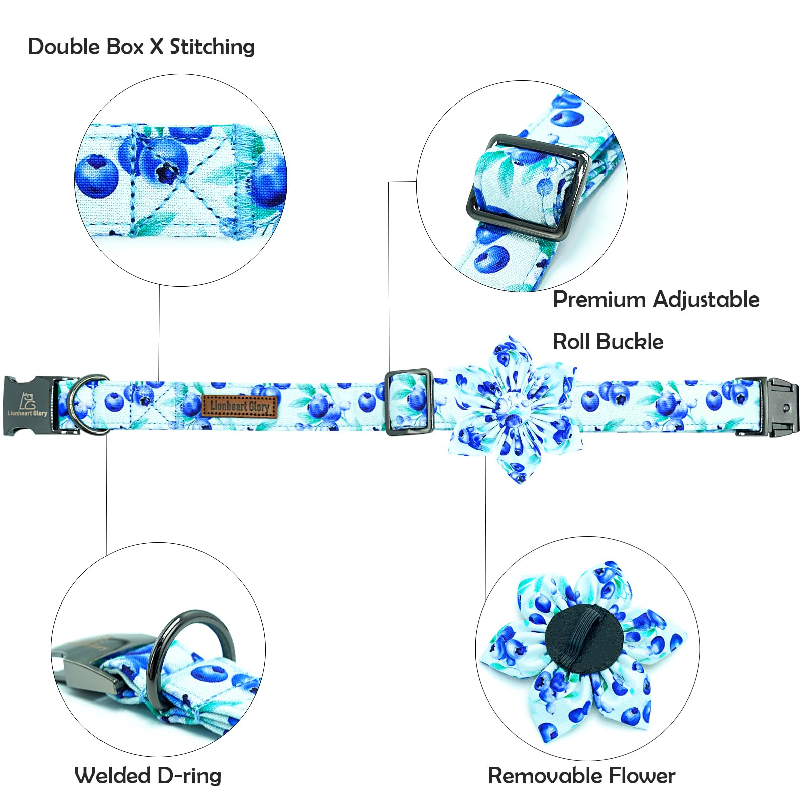 Lionheart Glory Dog Collar With Flower Blueberries Print Collars For Medium Dogs, Spring Summer Cute Duty Adjustable Dog Flowers