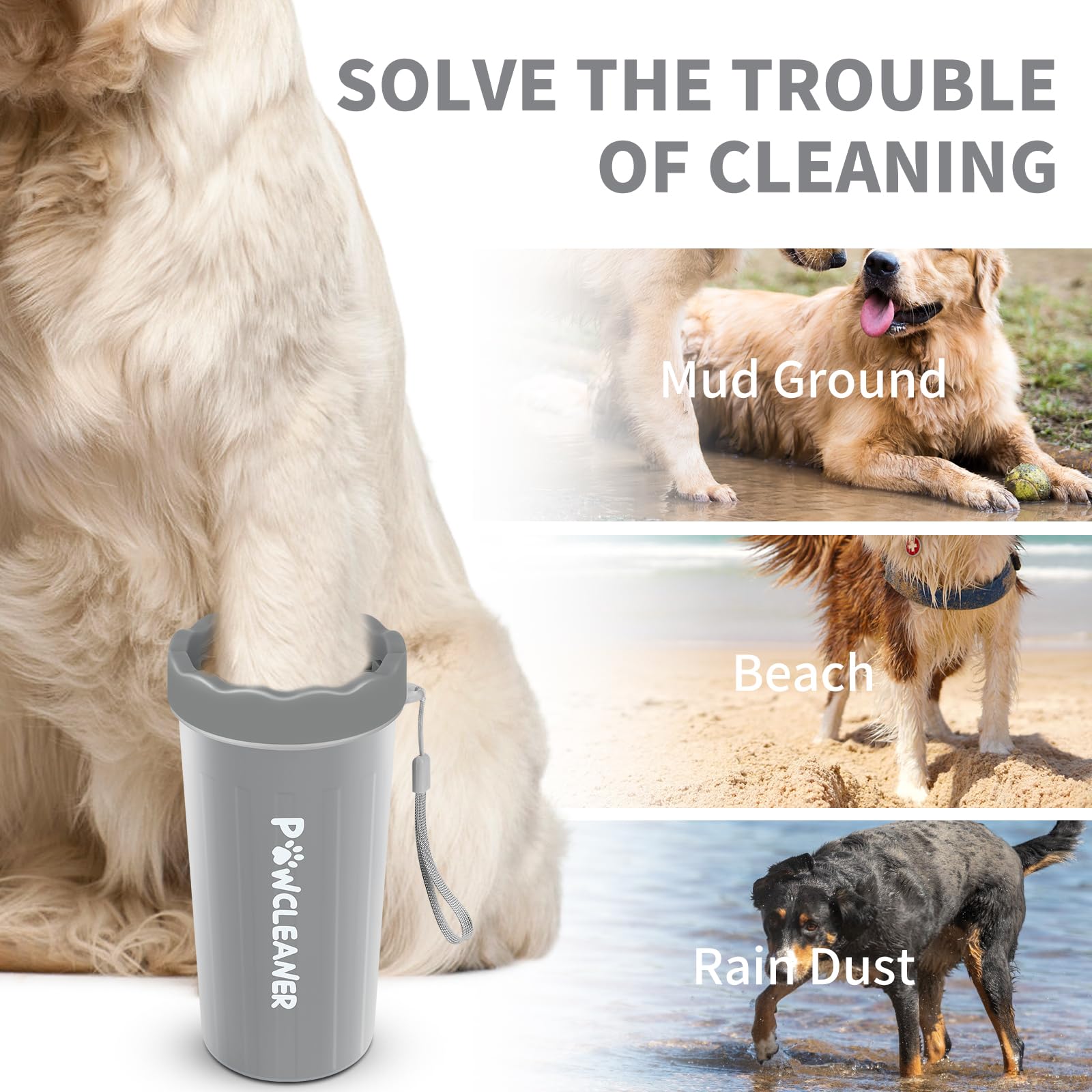 Comotech Dog Paw Washer With Bath Brush - Large, Grey (With 3 Absorbent Towels, Adjustable Handle For Long & Short Haired Dogs)