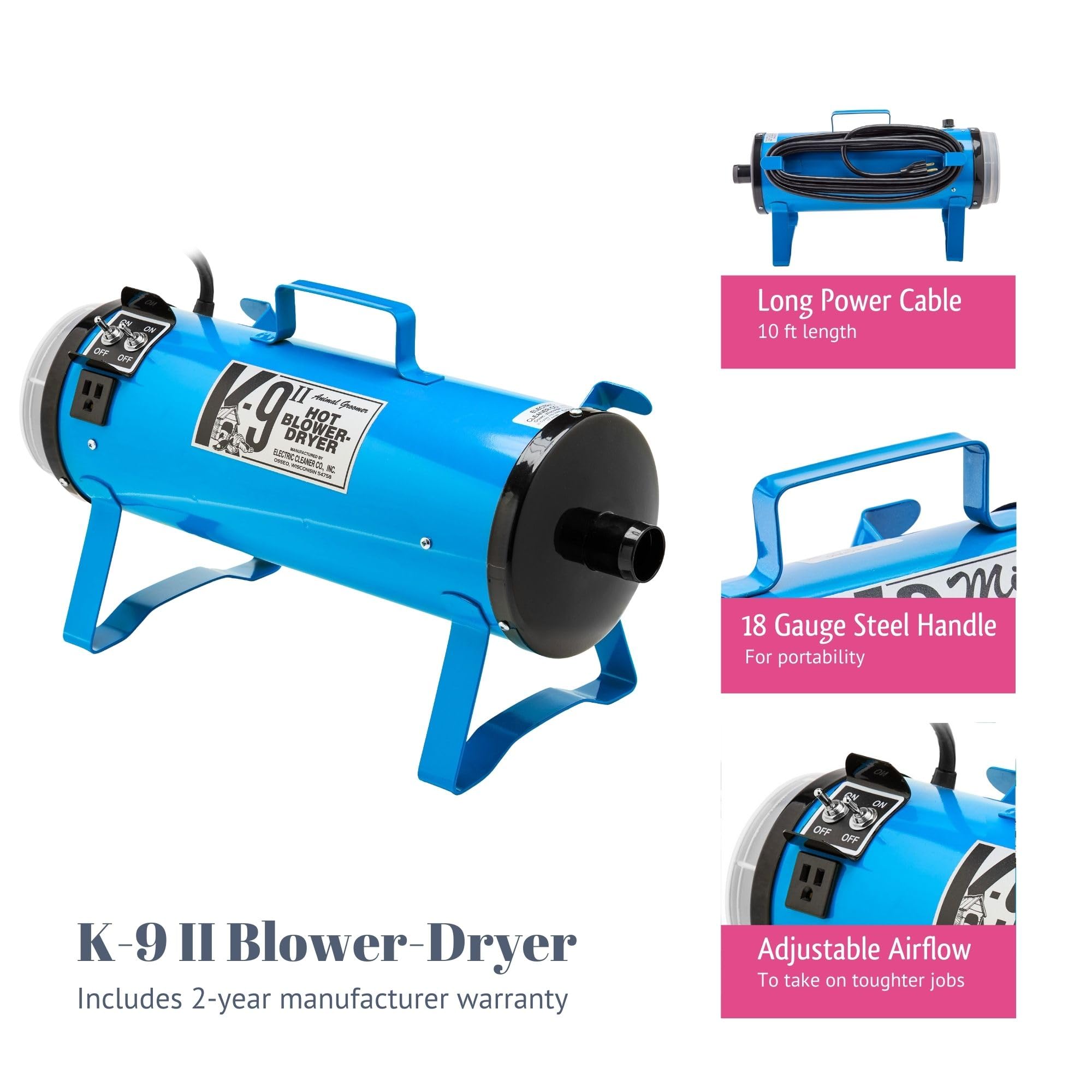 Electric Cleaner Company K9 Ii Dog Blow Dryer - High Power Grooming Dryer, Heavy Duty, 10' Hose, Deshedding, Hunter Green