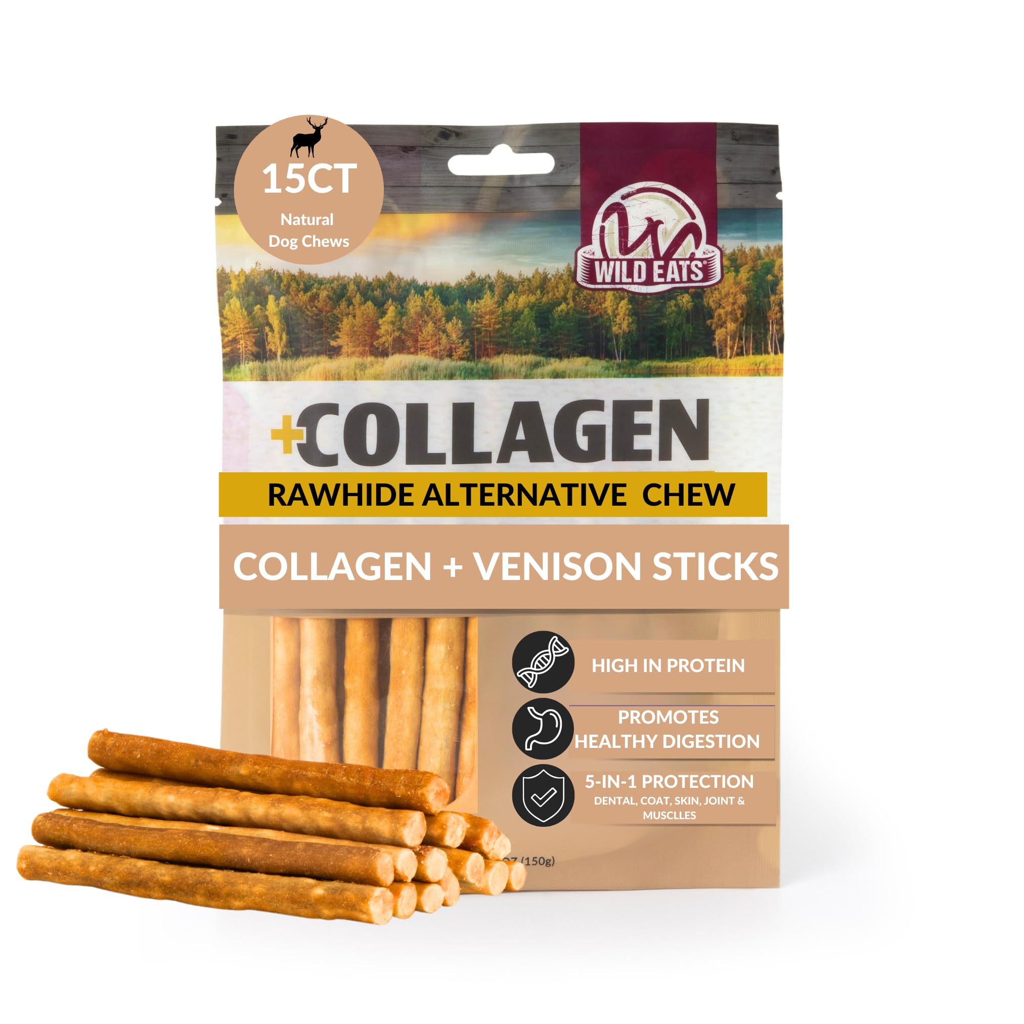 Wild Eats Venison Collagen Sticks for Dogs (15 Pack, 1 cm Wide) Long Lasting Dog Chews No Hide Dog Treat Bully Stick Alternative