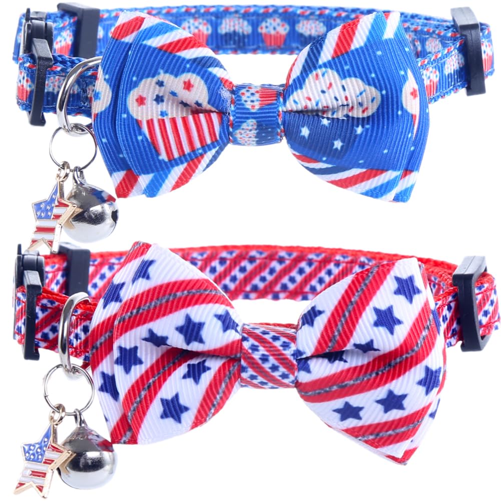 Lamphyface American Flag Cat Collar With Bell Bow Tie Star Breakaway Adjustable For 4Th Of July Independence Day
