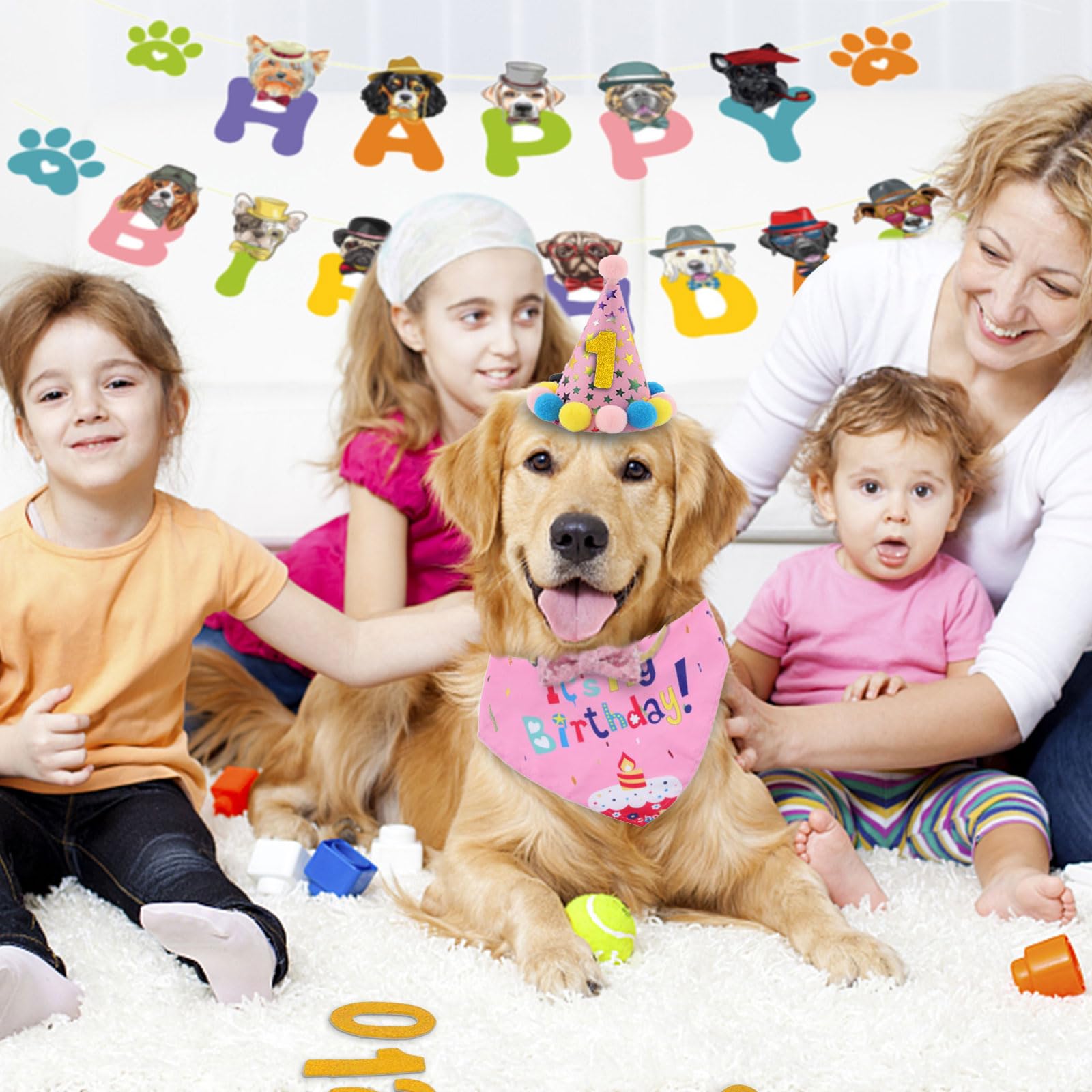 Dog Birthday Hat Bandana Party Decorations, Reusable Dog First Birthday Supplies With Banner Bowtie Numbers Crown, Cute 1St Larg