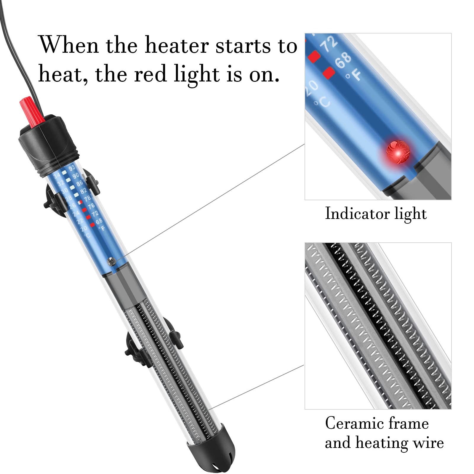 Hitop 50W/100W/300W Adjustable Aquarium Heater, Submersible Glass Water Heater For 5 - 70 Gallon Fish Tank (300W)