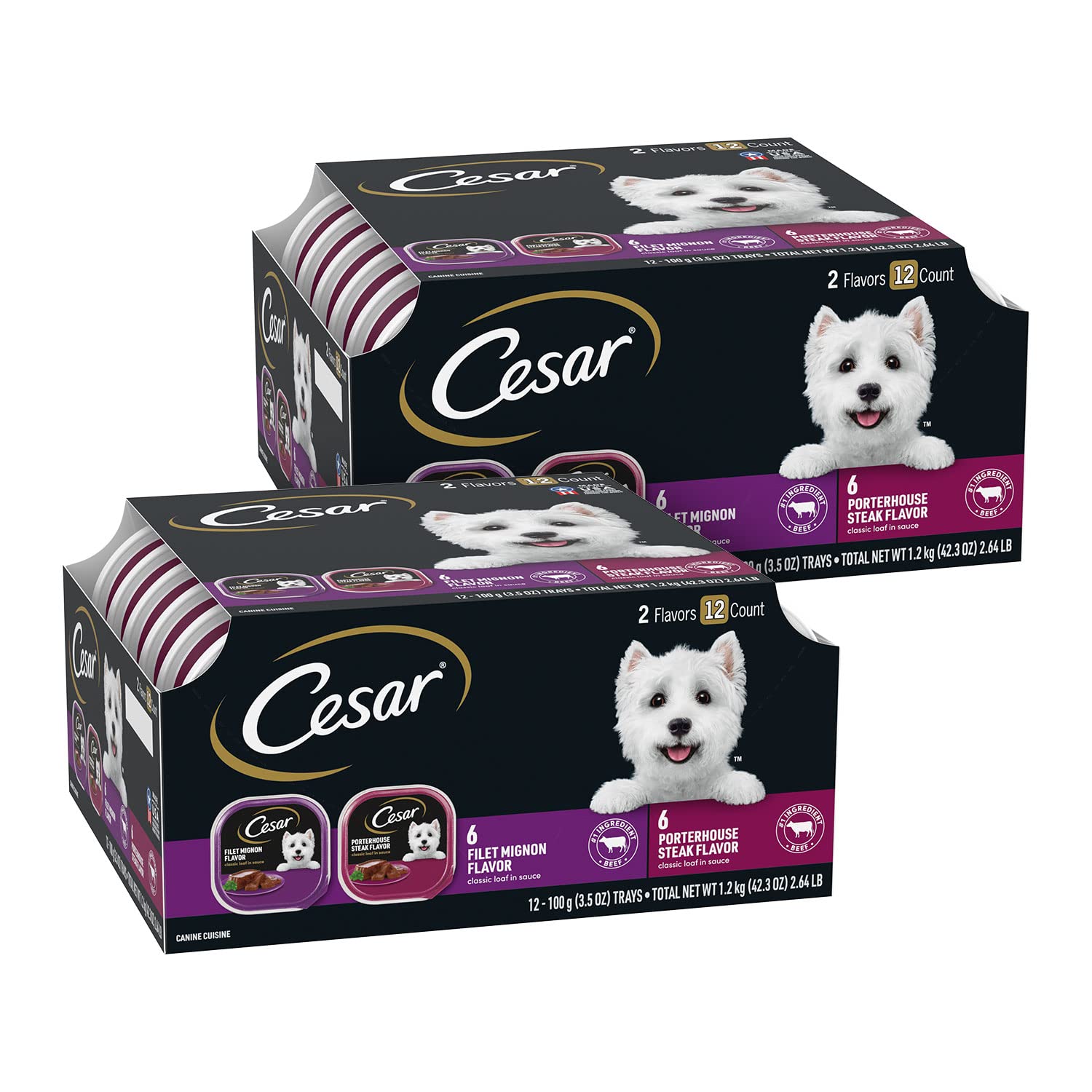 Cesar Wet Dog Food Classic Loaf in Sauce Filet Mignon and Porterhouse Steak Flavors Variety Pack, 3.5 oz. Easy Peel Trays (12 Co