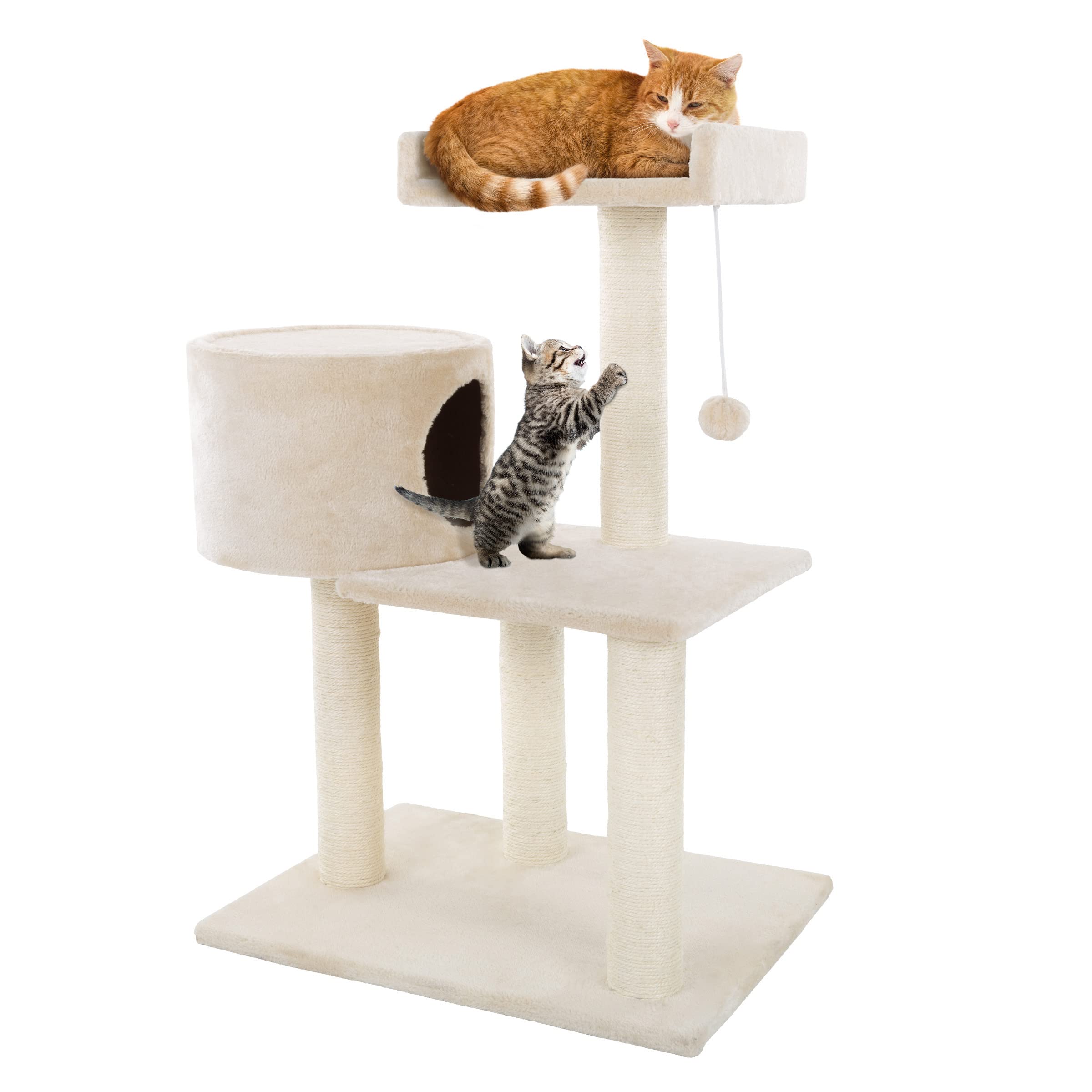 3-Tier Cat Tower - 2 Napping Perches, Cat Condo, 4 Sisal Rope Scratching Posts, Hanging Toy - Cat Tree For Indoor Cats And By Pe