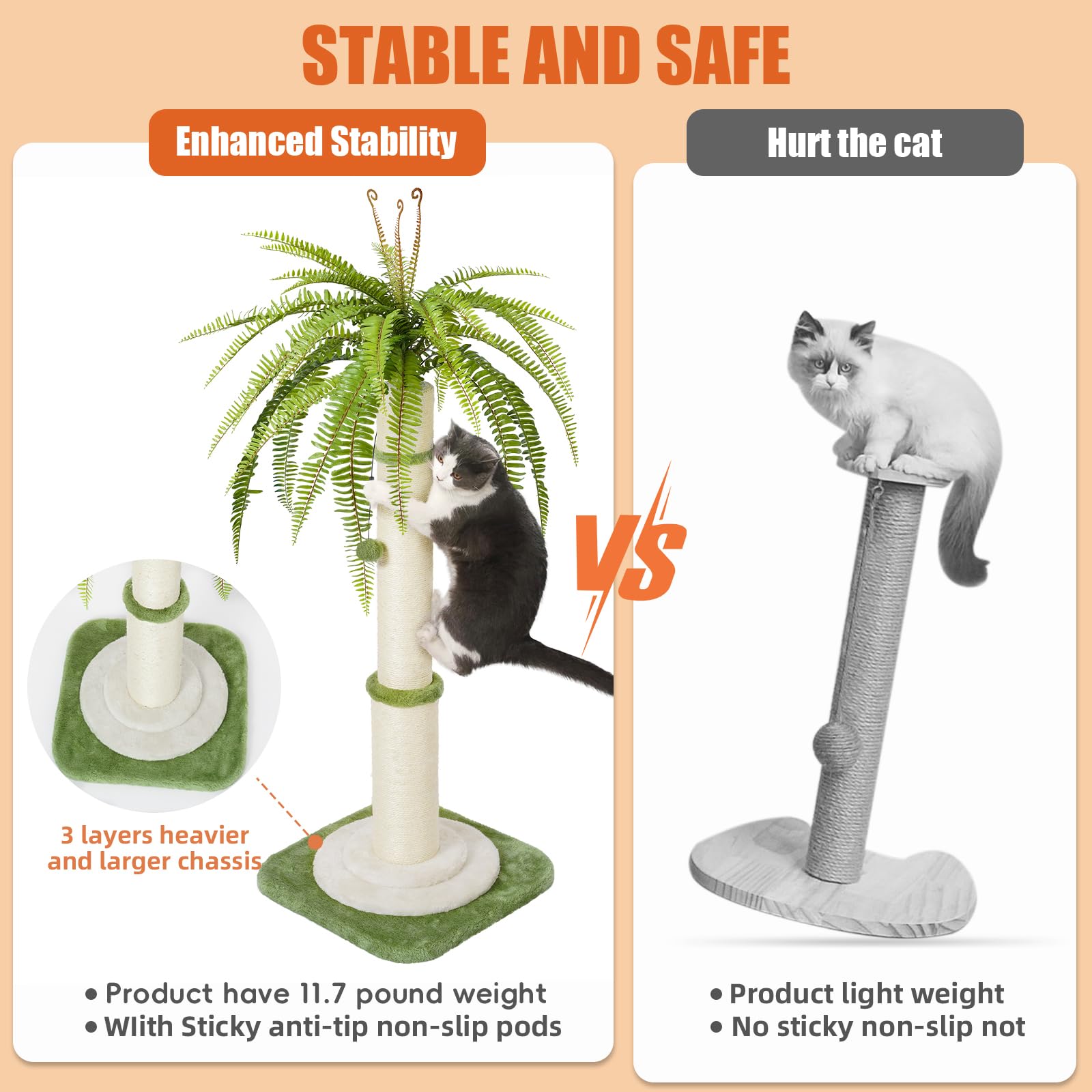 Honcet 42'' Tall Cat Scratching Post - Durable Cat Scratching Posts For Indoor Cats, Ideal For Large Cats, Ensures Long-Lasting