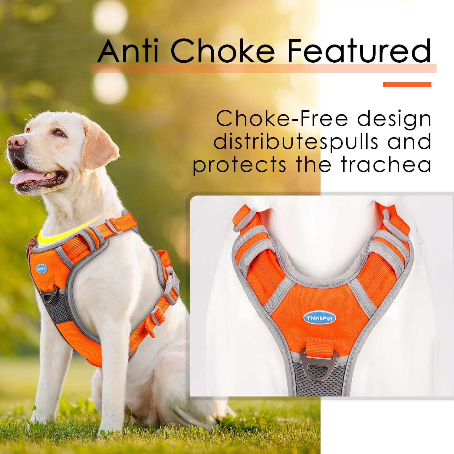 Thinkpet No Pull Harness Breathable Sport Harness With Handle-Dog Harnesses Reflective Adjustable For Medium Large Dogs,Back/Front Clip For Easy Control L Neon Orange
