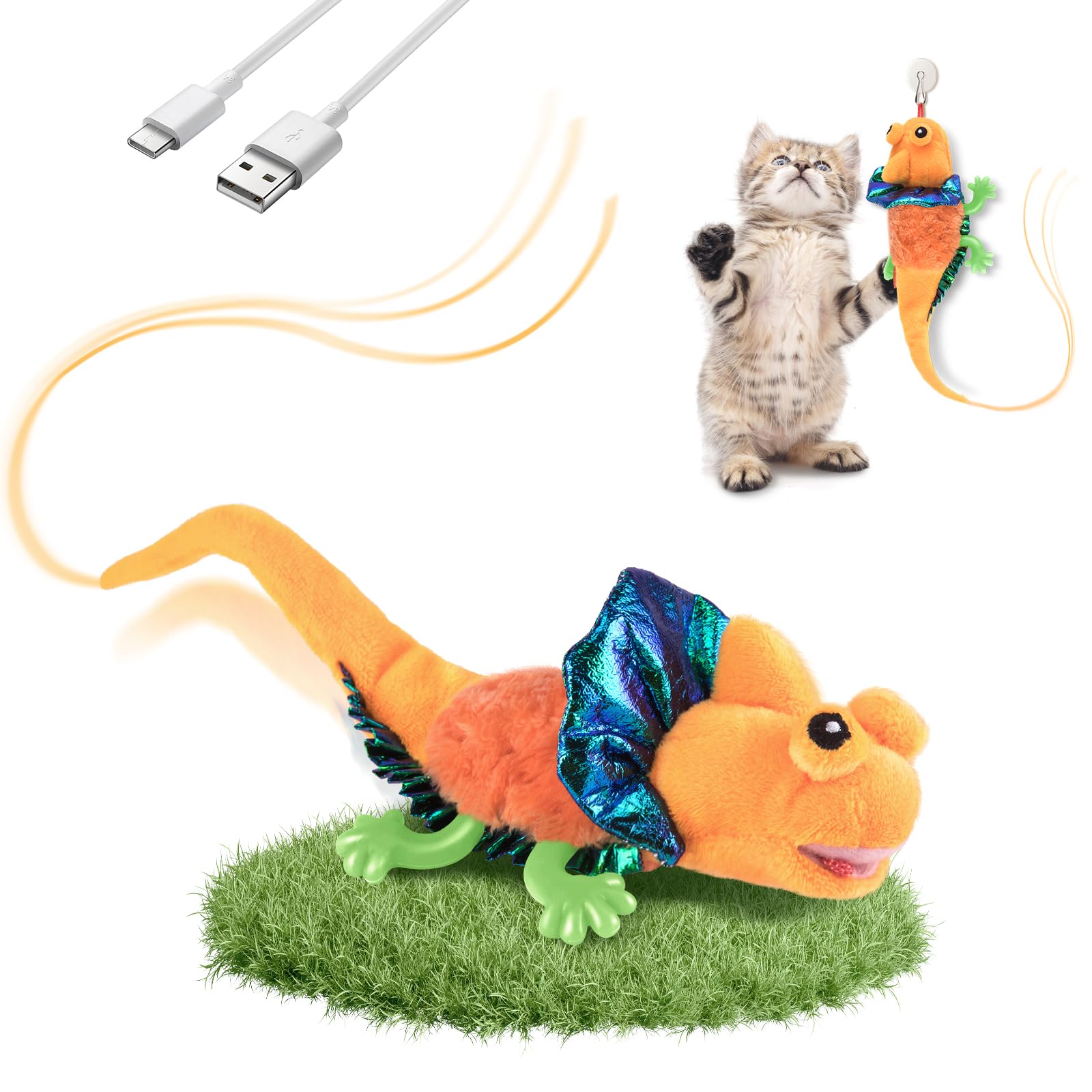 Migipaws Cat Toys, Touch Activated Flapping Chirping Lizard Kitten Toy with Catnip for Indoor Cats Kicker, Rechargeable (Orange)