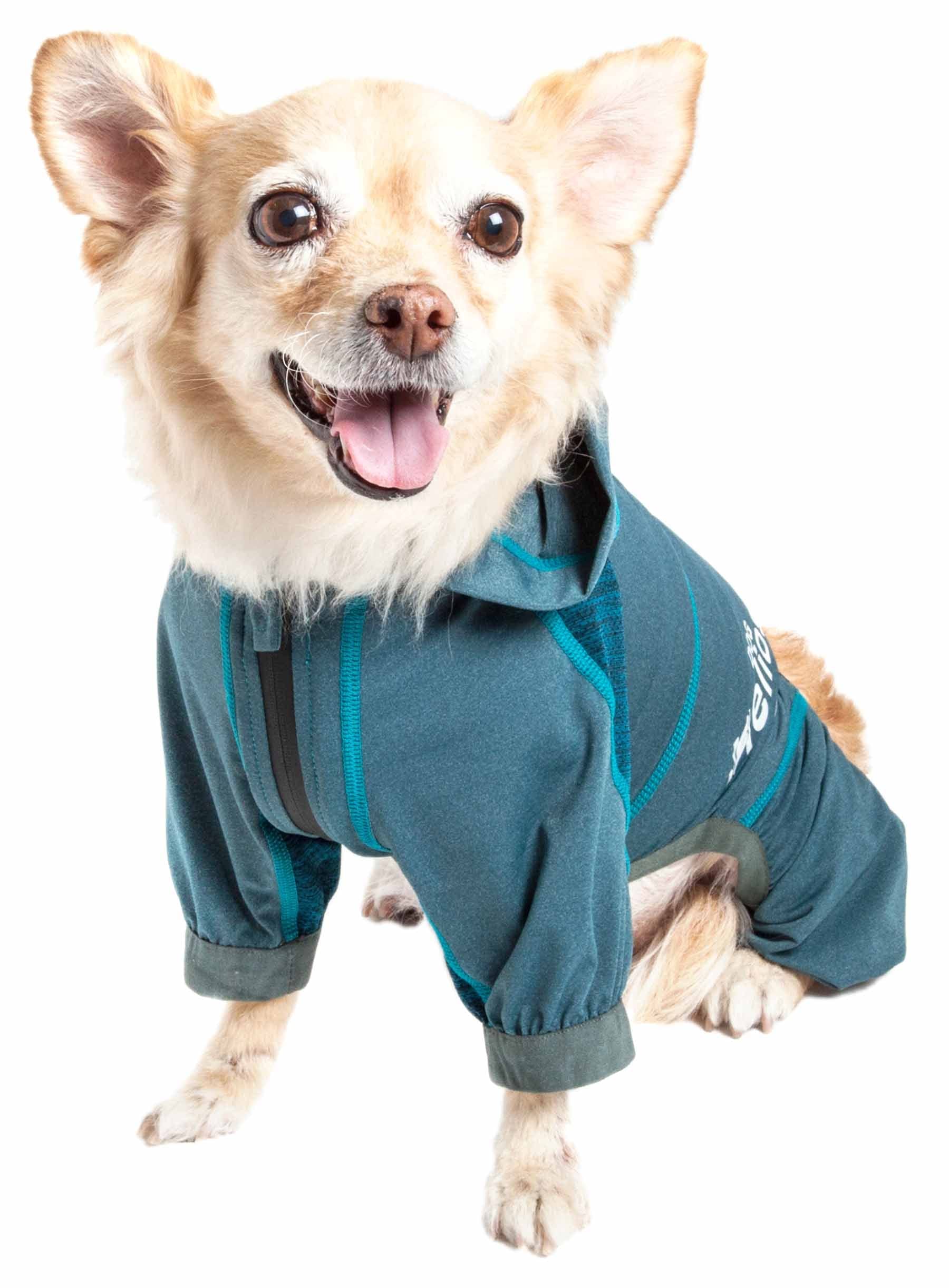 Dog Helios ?'Namastail' Lightweight 4-Way Stretch Breathable Full Bodied Performance Yoga Dog Hoodie Tracksuit, X-Small, Blue