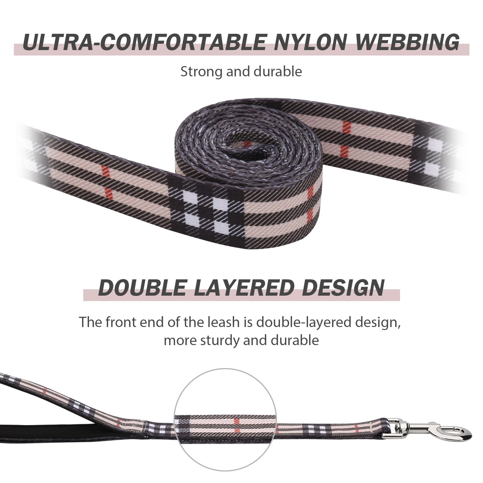 Hikiko Padded Two Handle Dog Leash 6 Ft For Medium Large Dogs, Strong Traffic Handles Lead For Walking Training (Beige Plaid)