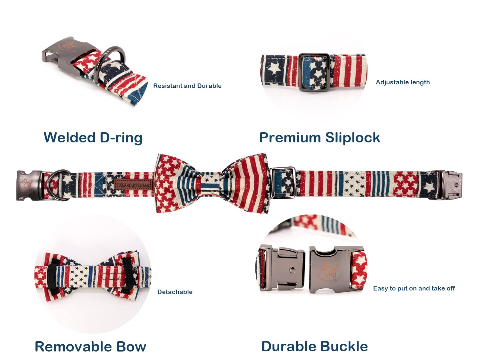 Elegant Little Tail American Flag Bowtie Dog Collar, S, Multi-Color, Small Dogs