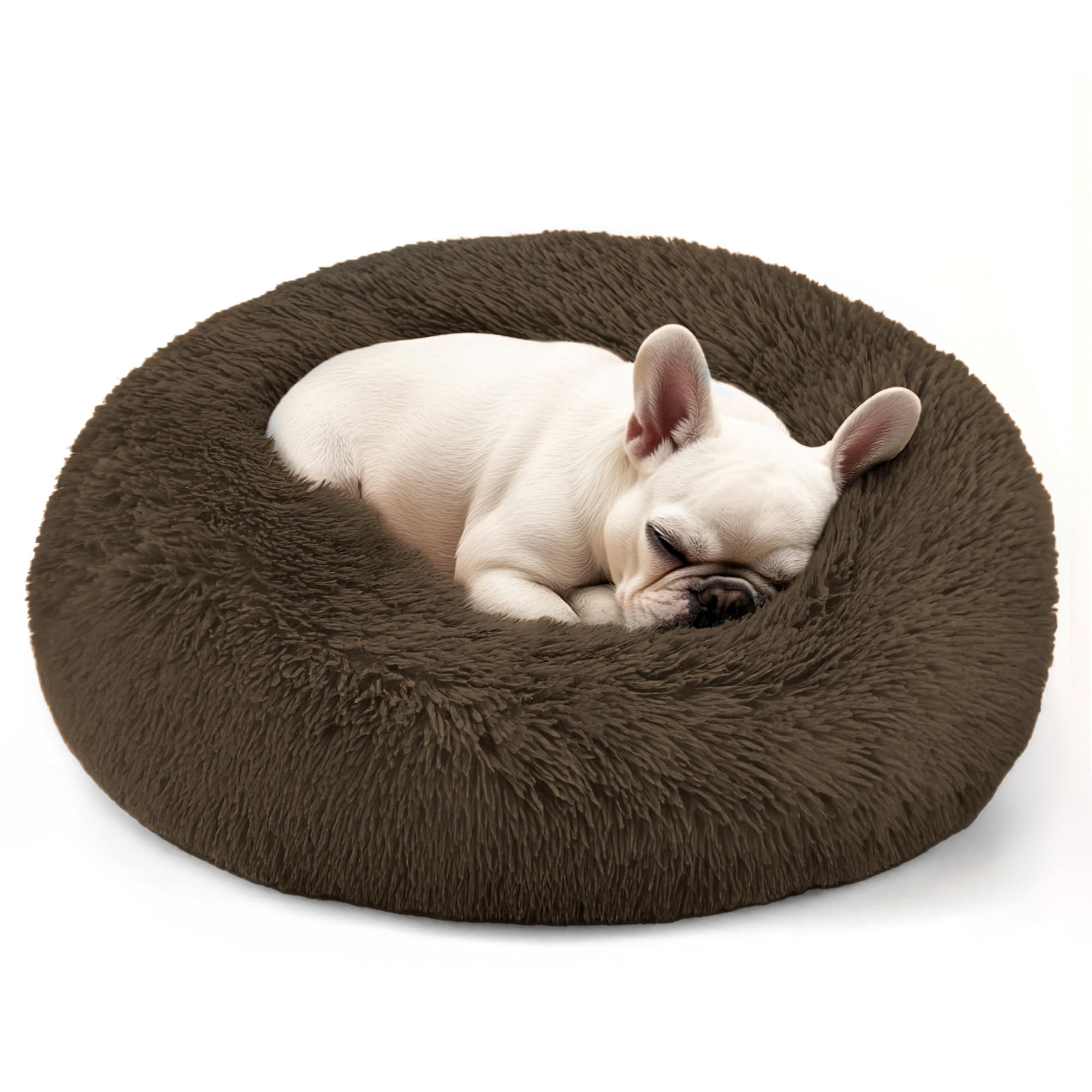 Dogs Bed for Small Dogs, Anti-Anxiety Washable Round Bed (Coffee, 24.0 L x 24.0 W x 8.0 Th)