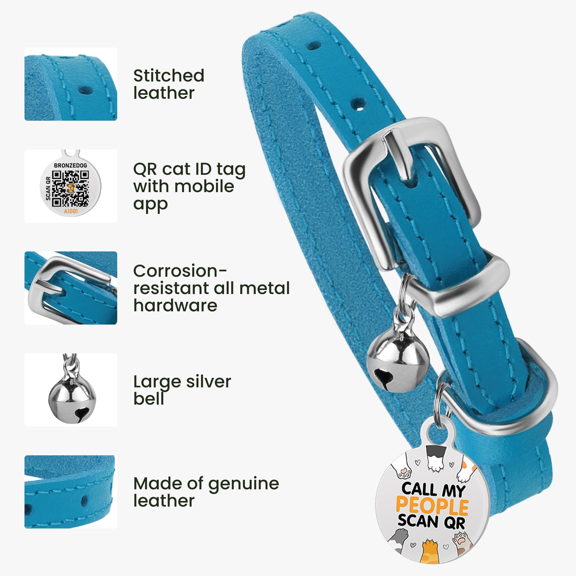 Bronzedog Leather Cat Collar With Removable Bells Non Breakaway Kitten Qr Tag For Girl Boy (7' - 9' For Cats, Blue & Silver)