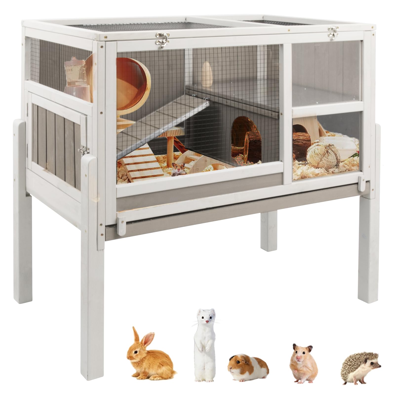 Ketive Guinea Pig Cages Indoor, Wooden Guinea Pig Cages With Stand, Rabbit Cage Hutch With Ramp And Hideout, Small Animals Cage 