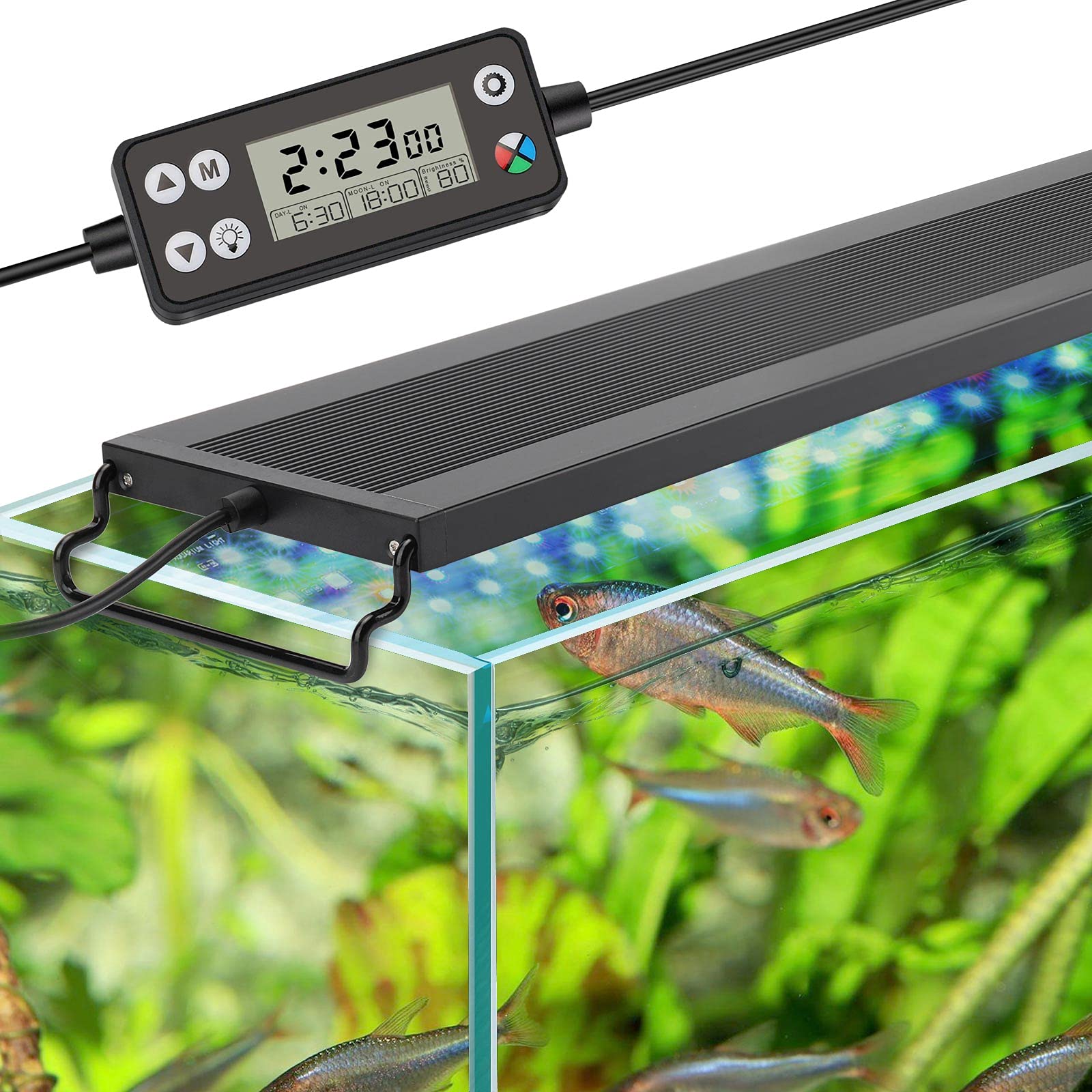 Hygger Auto On Off Led Aquarium Light, Full Spectrum Fish Tank Light With Lcd Monitor, 24/7 Lighting Cycle, 7 Colors, Adjustable Timer, Ip68 Waterproof, 3 Modes For 12'-18' Freshwater Planted Tank