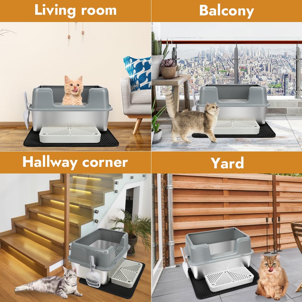 Vivifying Stainless Steel Cat Litter Box, Large Semi-Enclosed Litter Box With Lid, Anti-Leakage Metal Pan For Easy Cleaning & Od