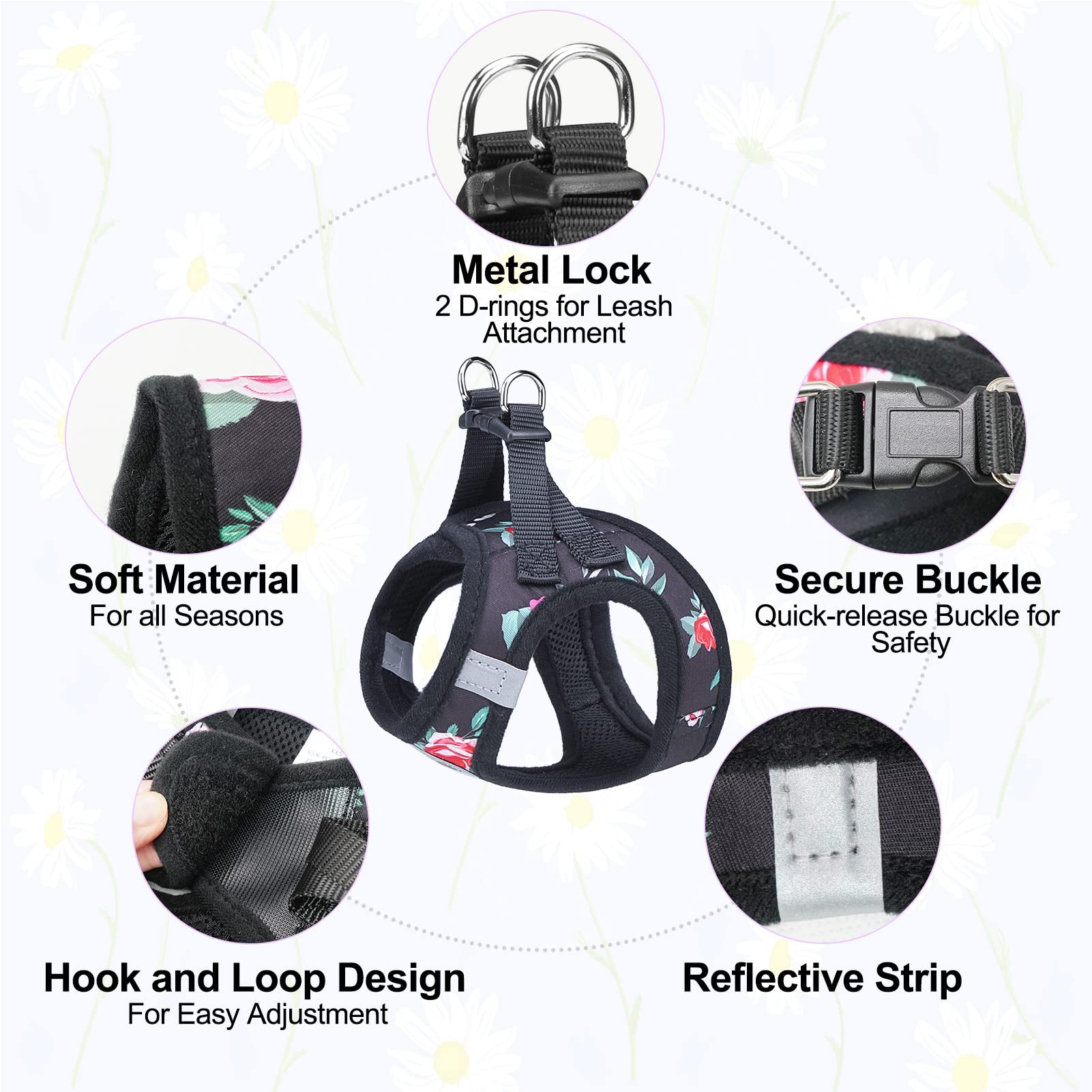 Beautyzoo Step In Dog Leash Set, Floral Pattern Reflective Harness No Pull No Choke Puppy Harness For Xxs Xs S Pets, Soft Padded