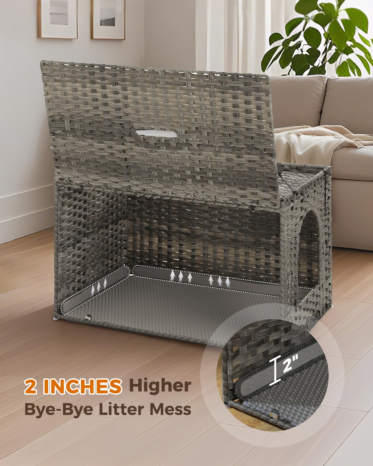 MUTTROS Rattan Cat Litter Box Enclosure - Hidden Litter Box Furniture by Handwoven Wicker with Taller Doorway & Raised Edge Mat-