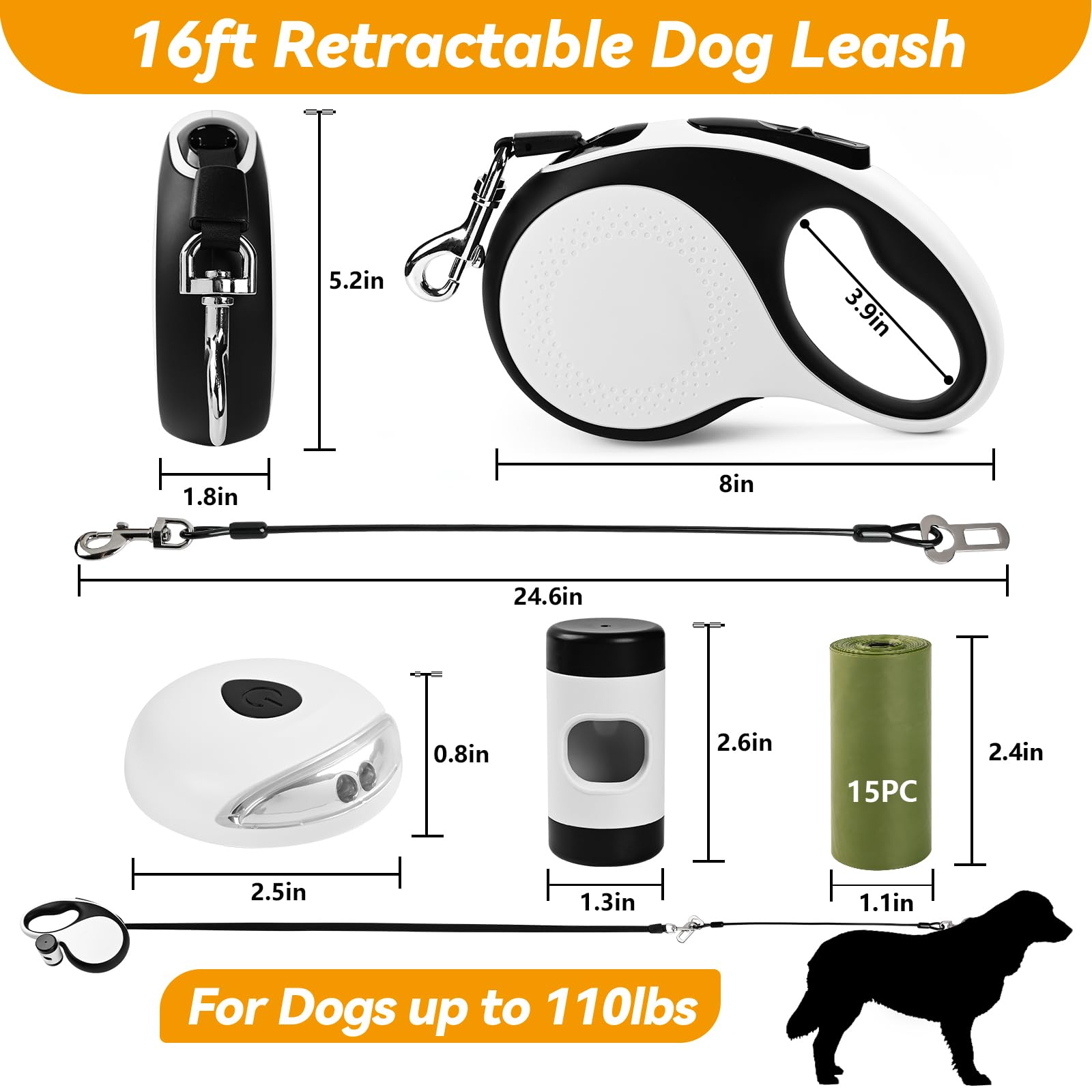 ODRIEW Retractable Dog Leash for Large Dogs, 16ft, Heavy Duty, Chew Proof, LED Light, White, Model MAS-5W