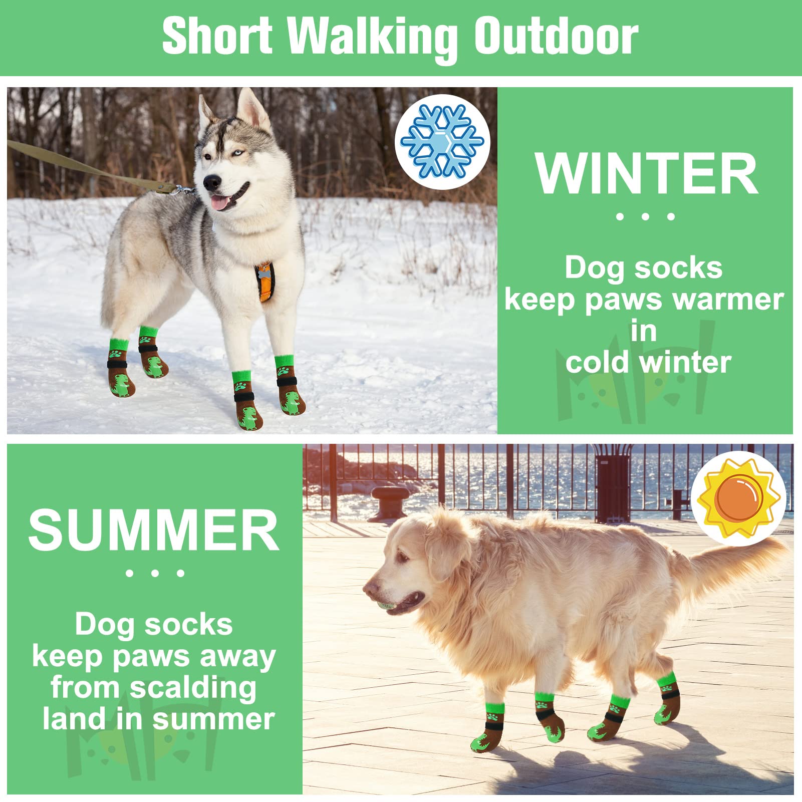 Beautyzoo Anti-Slip Dog Socks With Grips Traction Control For Small Medium Large Dogs, Non Skid Indoor Double Side Pet Paw Protector For Hardwood Floor Wear, Dinosaurs S/M