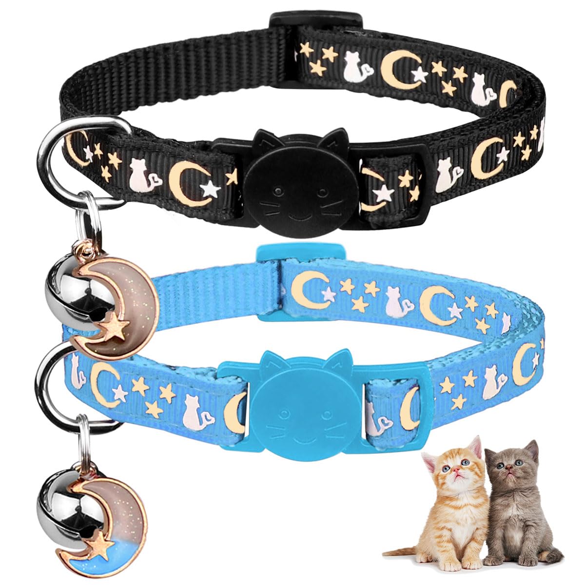 2Pcs Breakaway Cat Collars With Bell Cute Kitty Glow In The Dark Adjustable Kitten Collars With Pendant(Black&Sky Blue)