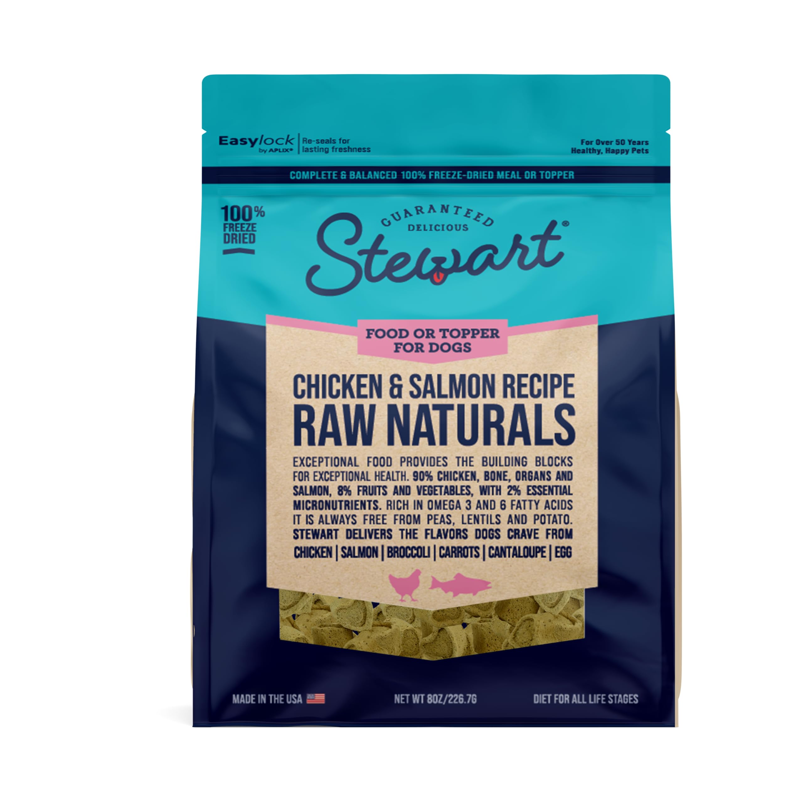 Stewart Raw Naturals Freeze Dried Raw Dog Food or Meal Topper, Chicken and Salmon Recipe, 8 Ounce Bag, Complete and Balanced Nut