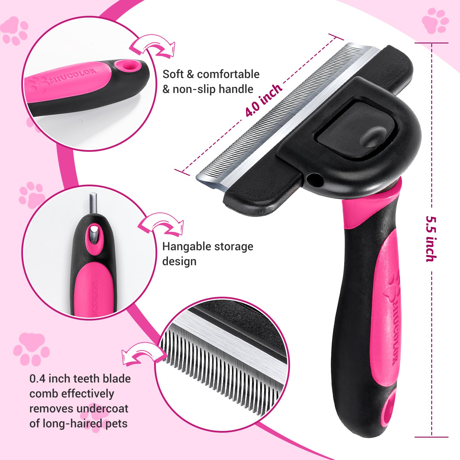 Miu Color Long Hair Pet Grooming Brush, Deshedding Tool For Medium And Large Dogs & Cats, Effectively Reduces Shedding By Up To 95% For Pet Hair, Pink