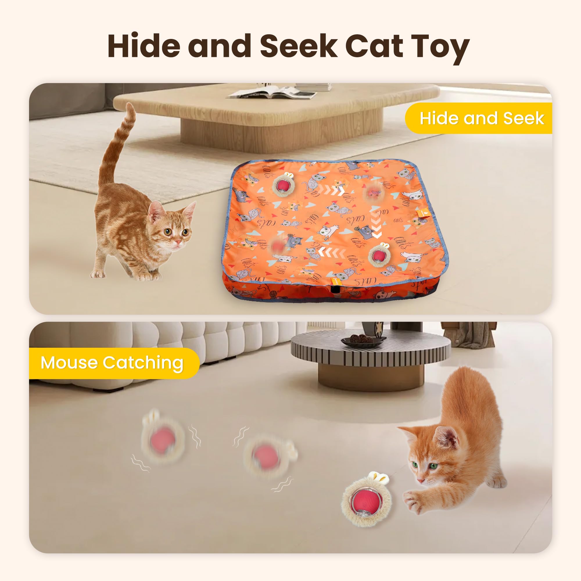 Homcolorful Interactive Cat Toys for Indoor Cats, Fast Rolling Ball with Motion Activation, Hide & Seek Chase Game, Rechargeable