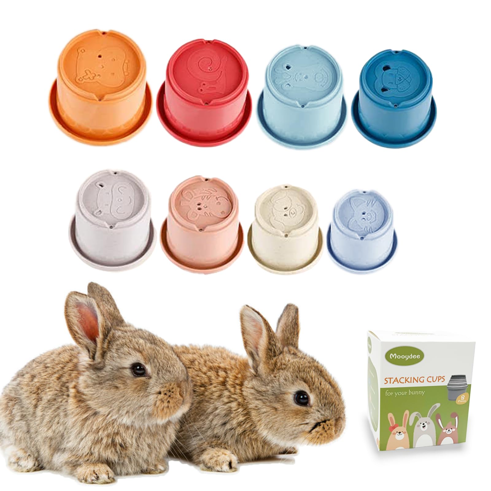 Mooydee 8 Pcs Stacking Cups for Rabbits - Multi-Colored Reusable Rabbit Bunny Toys with Cute Animal Design - Graduated Sized Sta