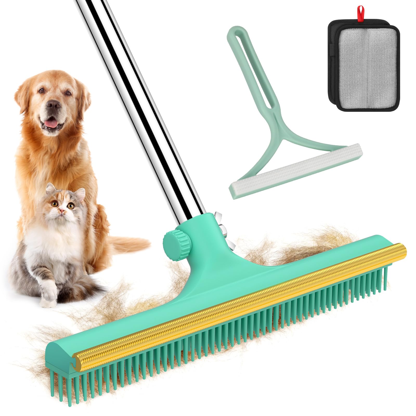 Carpet Rake for Pet Hair Removal - 60 Adjustable Long Handle Carpet Rake, 3 in 1 Reusable Pet Hair Removal Tool Kit, Cat Dog Fur