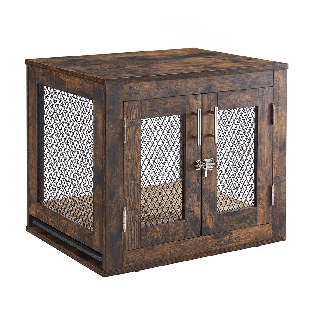 Unipaws Small Dog Crate Furniture With Tray For Dogs, Cats, Min Pigs, Rabbit, Indoor Aesthetic Puppy Kennel, Modern Decorative Wood Pet House Dog Cage, Pretty Cute End Side Table Nightstand, Rustic