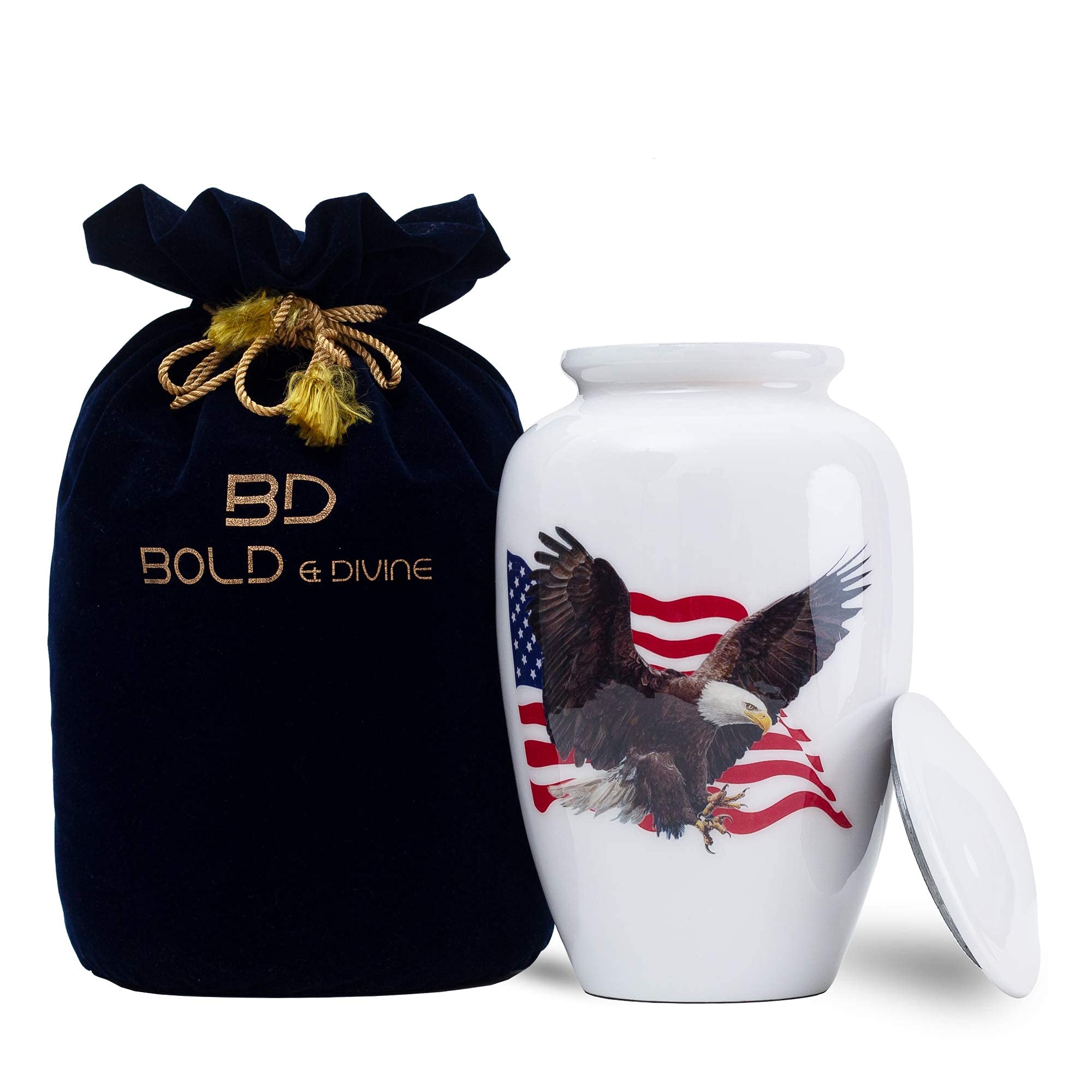 Bold & Divine Bald Eagle With Flag Cremation Urn | Human Ashes Adult Memorial Urn, Burial, Funeral Cremation Urns | 200 Cubic In