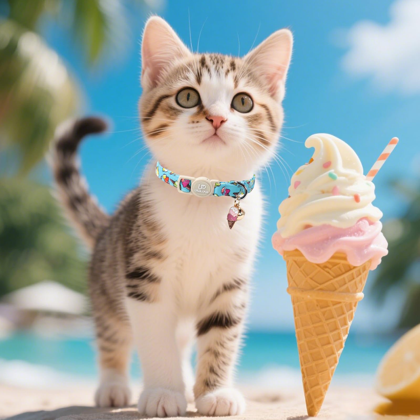 Up Urara Pup Cat Collar, 2Pack Summer Kitten Collars-Breakaway Kitty Collars-Cute Dinosaur And Icecream Pendants,Cat Collar With