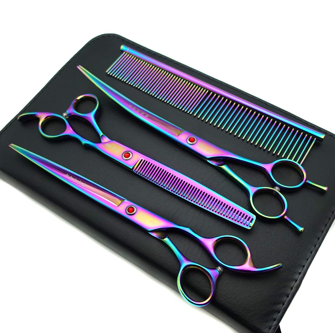 Kingstar 8.0In. Professional Pet Grooming Scissors Set,Titatium Plated Straight & Thinning & Curved Scissors Set With Comb,Dog G