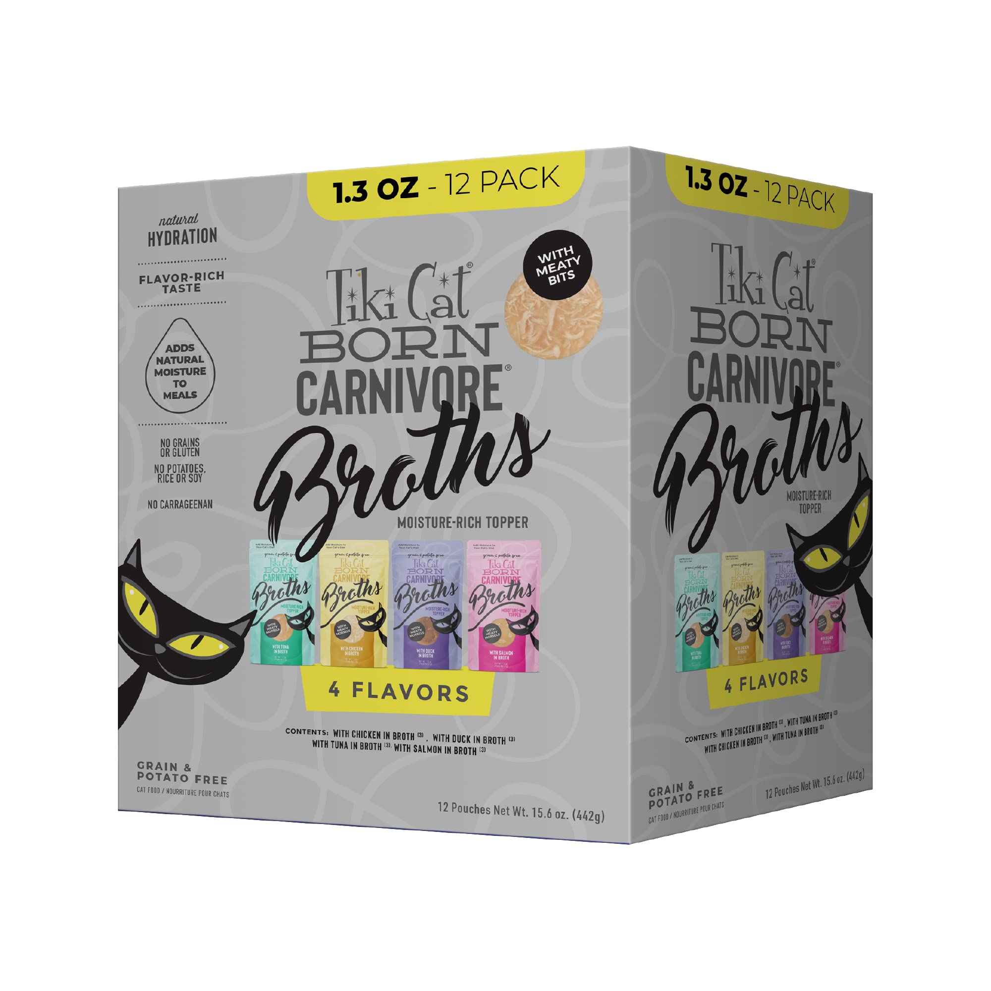 Tiki Cat Born Carnivore Broths Variety Pack, Meaty Bites, Hydration and Flavor Supplement Wet Cat Food Topper, 1.3 oz. Pouch (Pa