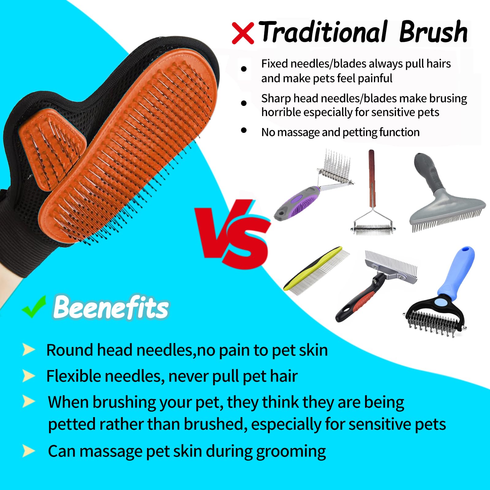 Beenefits 2024 Pet Grooming Glove with Tipped Pin Brush,Special Design Deshedding Glove, Massage Mitt, Perfect Petting Tool for