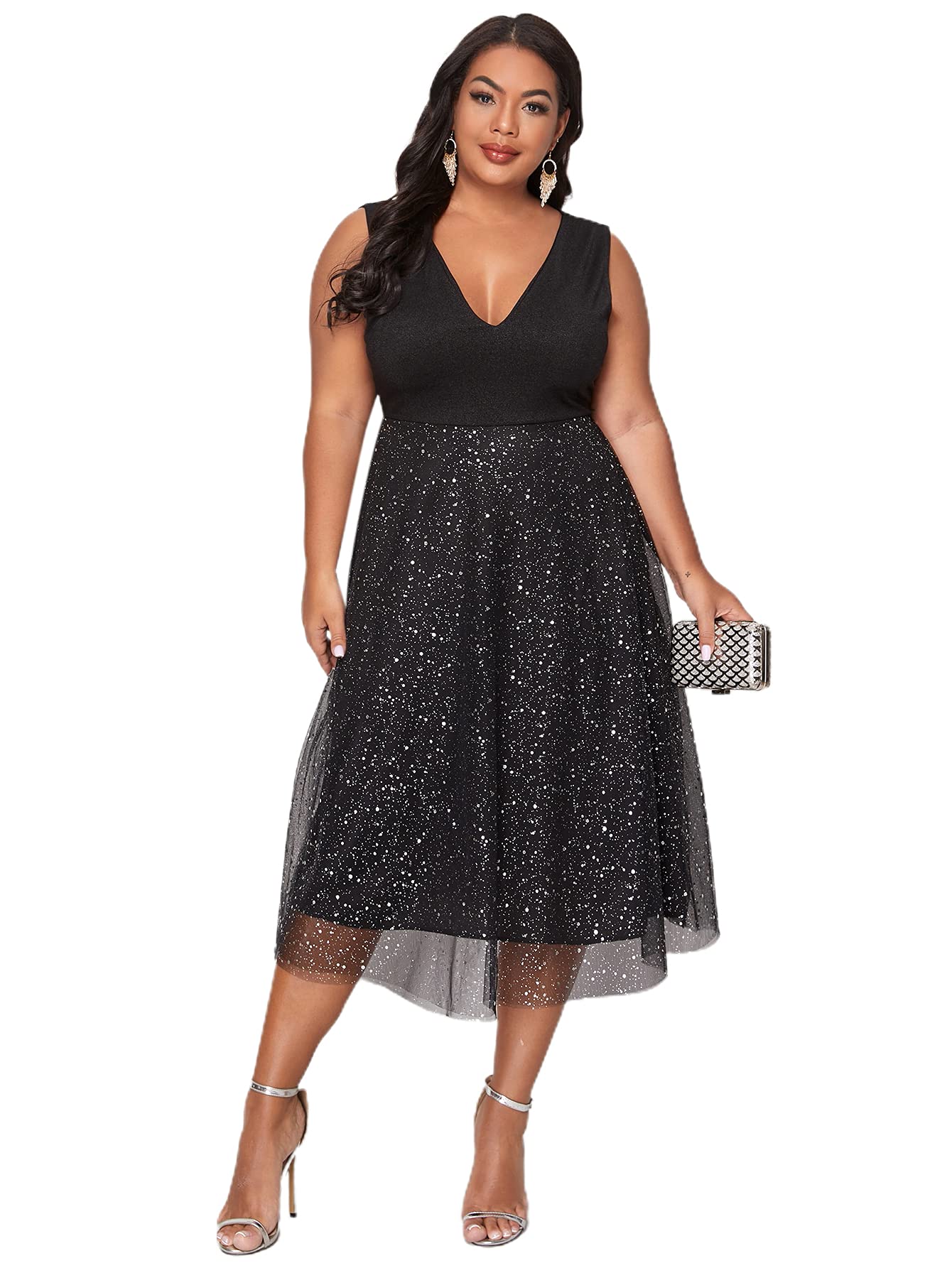 Floerns Womens Plus Size V Neck Sleeveless Sequin Cocktail Party Midi Dress Black 1Xl -Like New