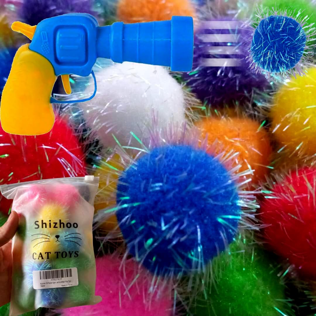 Shizhoo 30 Pieces Sparkle Pom Pom Balls With Ball Bloster For Cat - Interactive Glitter Balls, Multicolor, Size Of 1.2 Inches, B