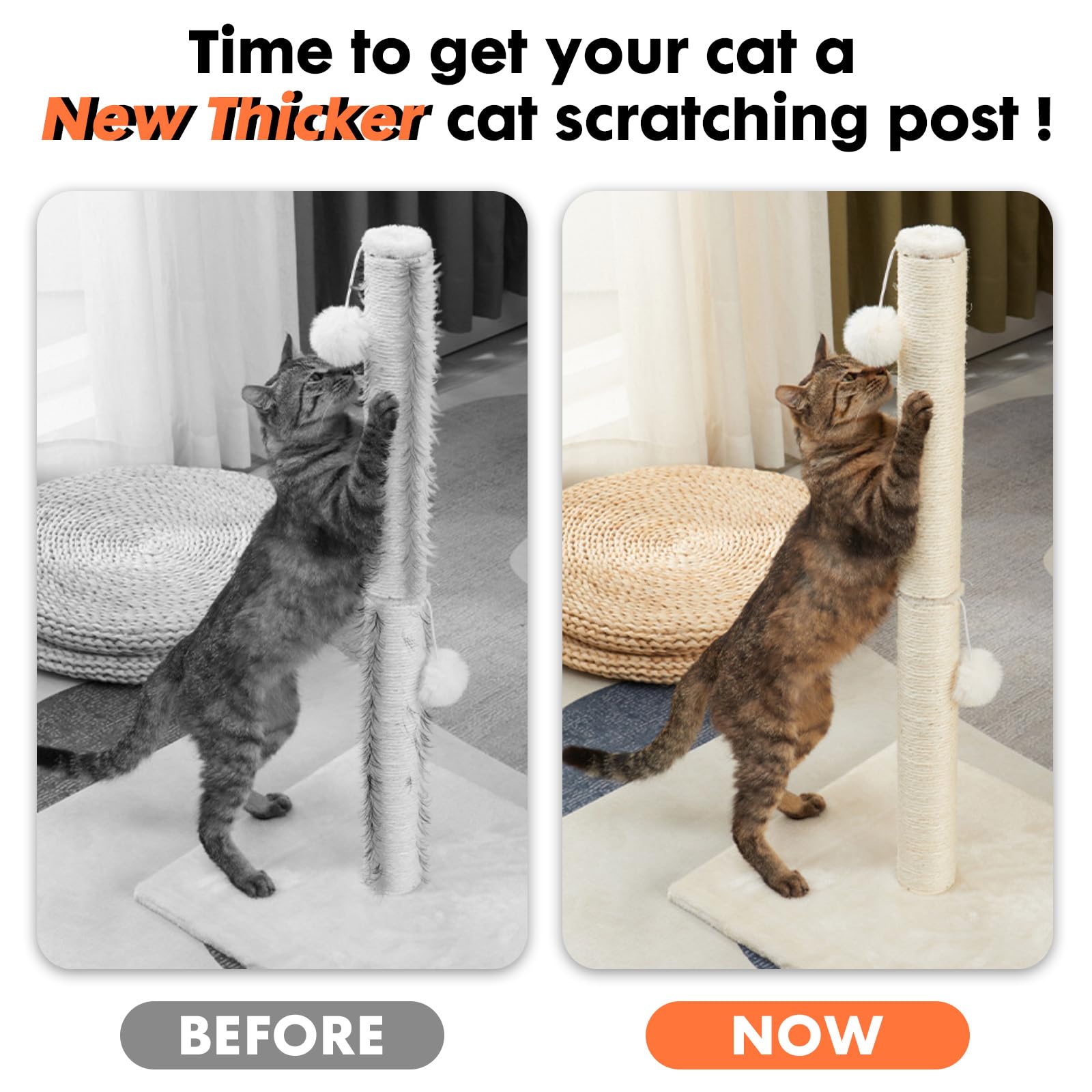 Powerking Natural Sisal Replacement Scratching Post, 15.7'' 2 Pieces M8 Cat Scratch Post Refill Pole Parts For Refurbishment, Include Screws (White)