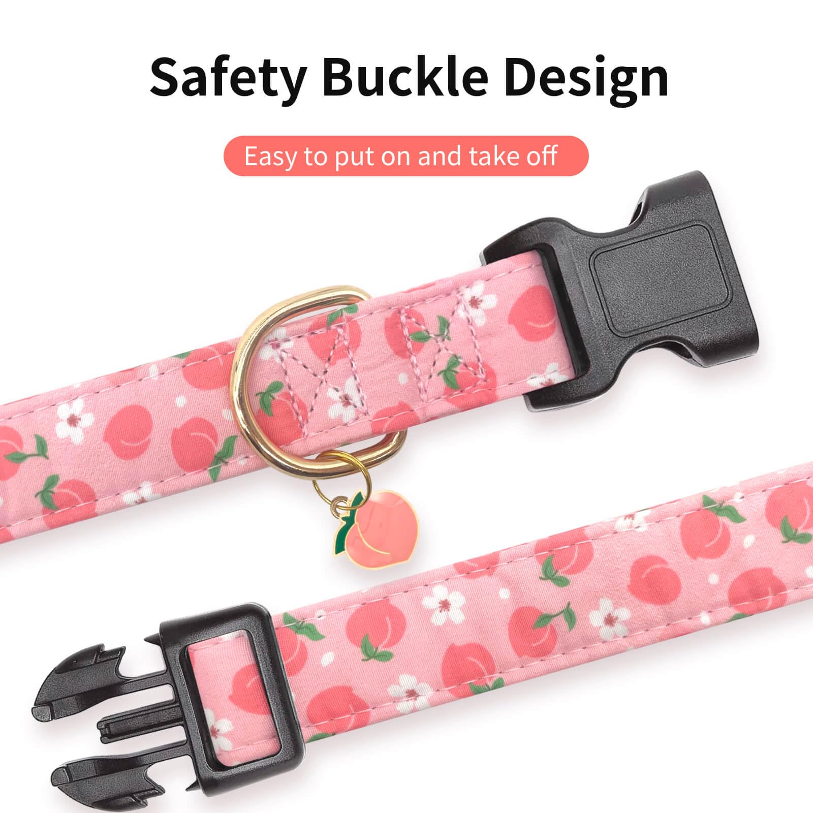 Gelwoo Cotton Dog Collar,Soft and Cute Puppy Collars with Peach Patterned Design for Girl Female Boy Dogs,Adjustable Buckle Pet